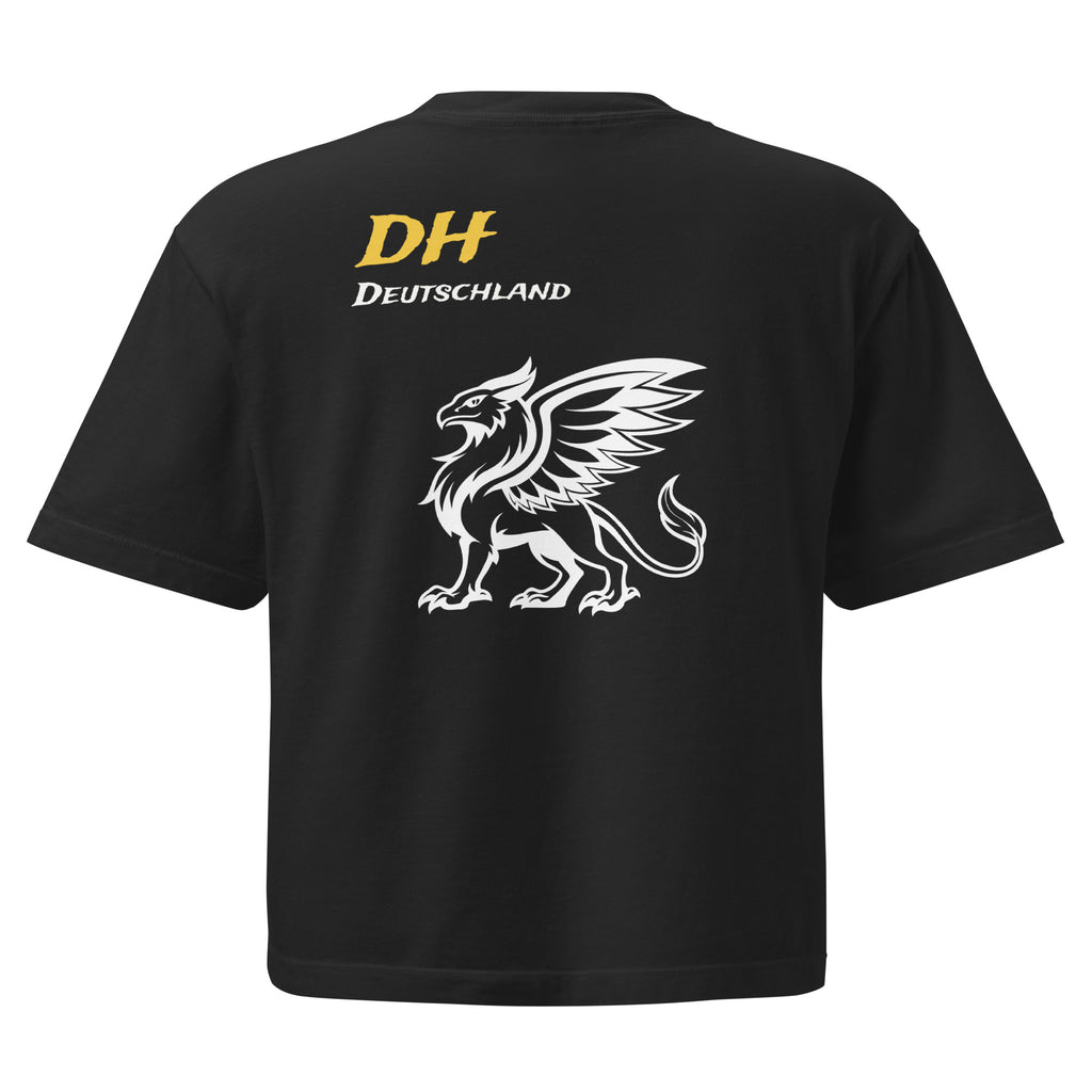 The back view of the black Das Hot! Deutschland griffin t-shirt, showing the large winged griffin graphic and "DH Deutschland" text.