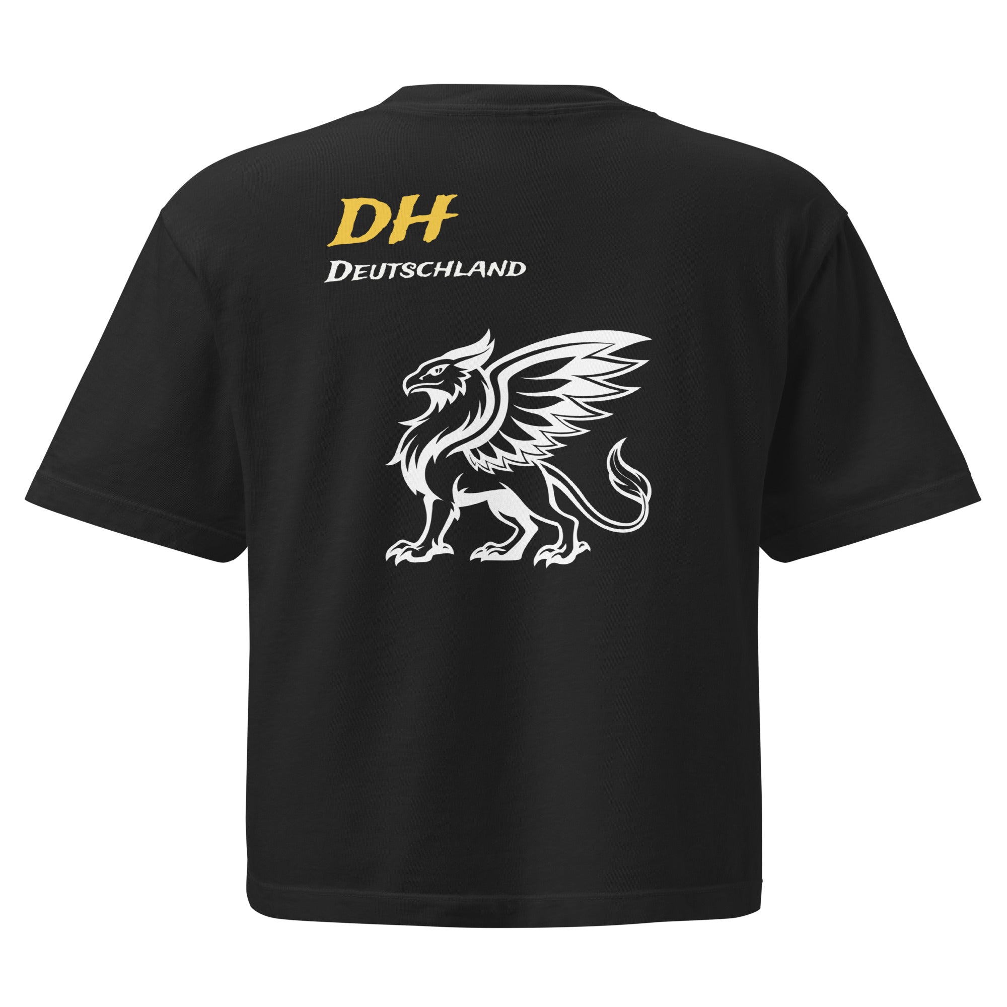 The back view of the black Das Hot! Deutschland griffin t-shirt, showing the large winged griffin graphic and "DH Deutschland" text.