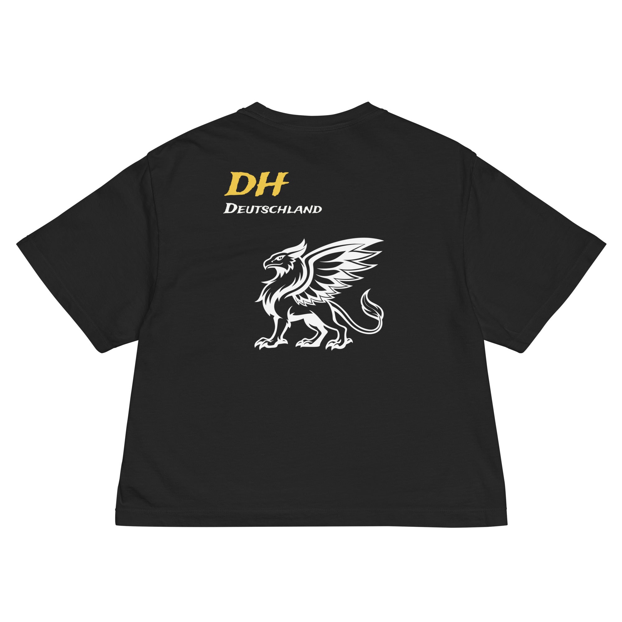 A flat lay photo of the black Das Hot! Deutschland t-shirt's back, prominently displaying the large winged griffin graphic.