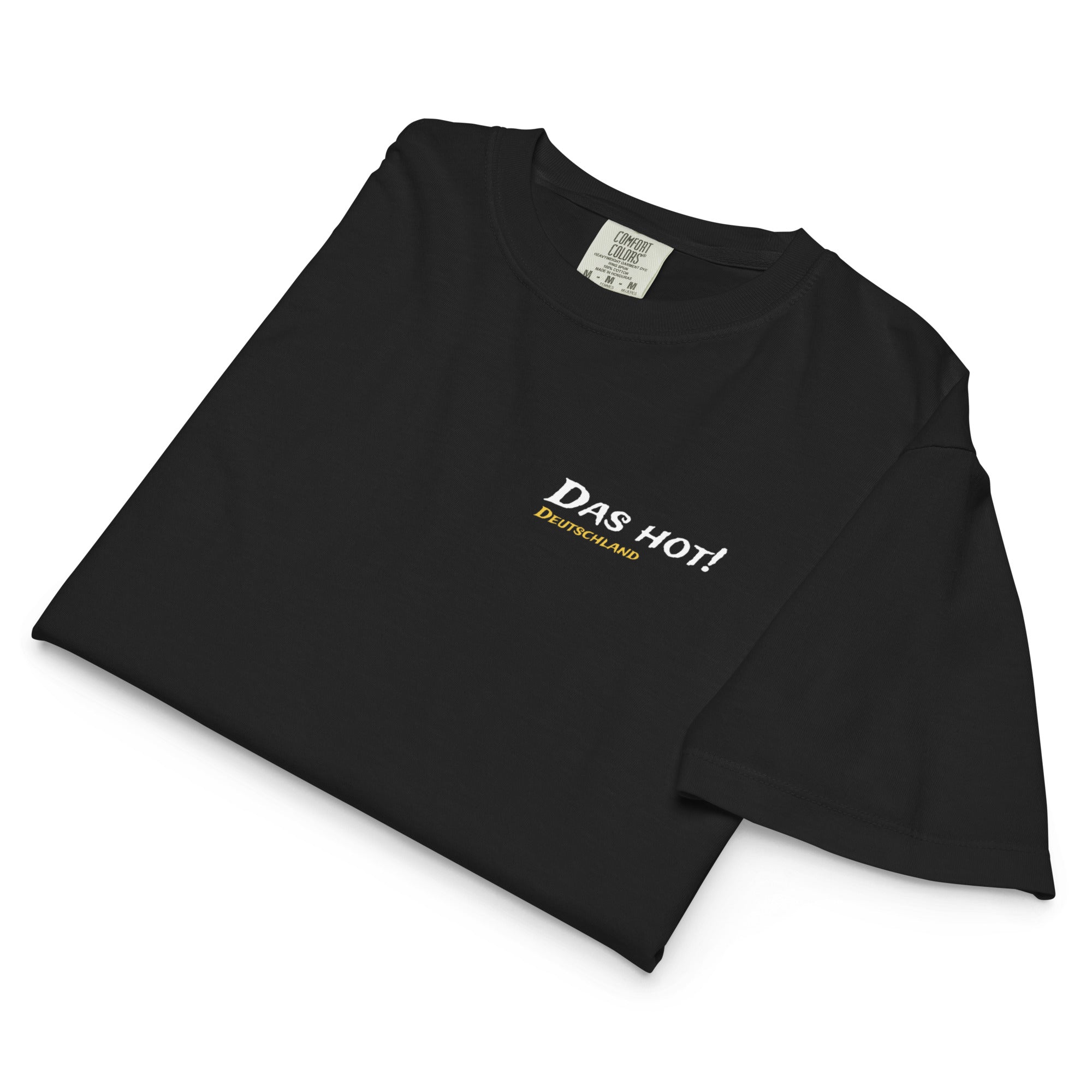 A flat lay photo of the black Das Hot! Deutschland griffin t-shirt, showing the front of the shirt with the brand logo on the left chest.