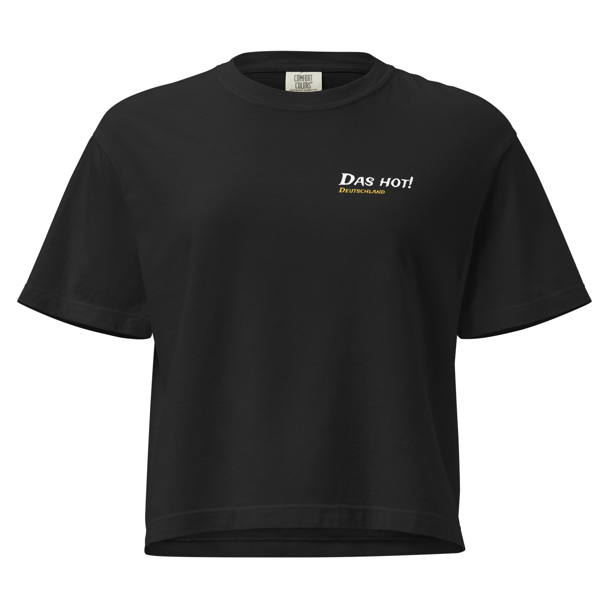 A ghost mannequin shot of the front of the heavyweight boxy tee, featuring the "DAS Hot! Deutschland" logo in white and yellowish-gold letters.