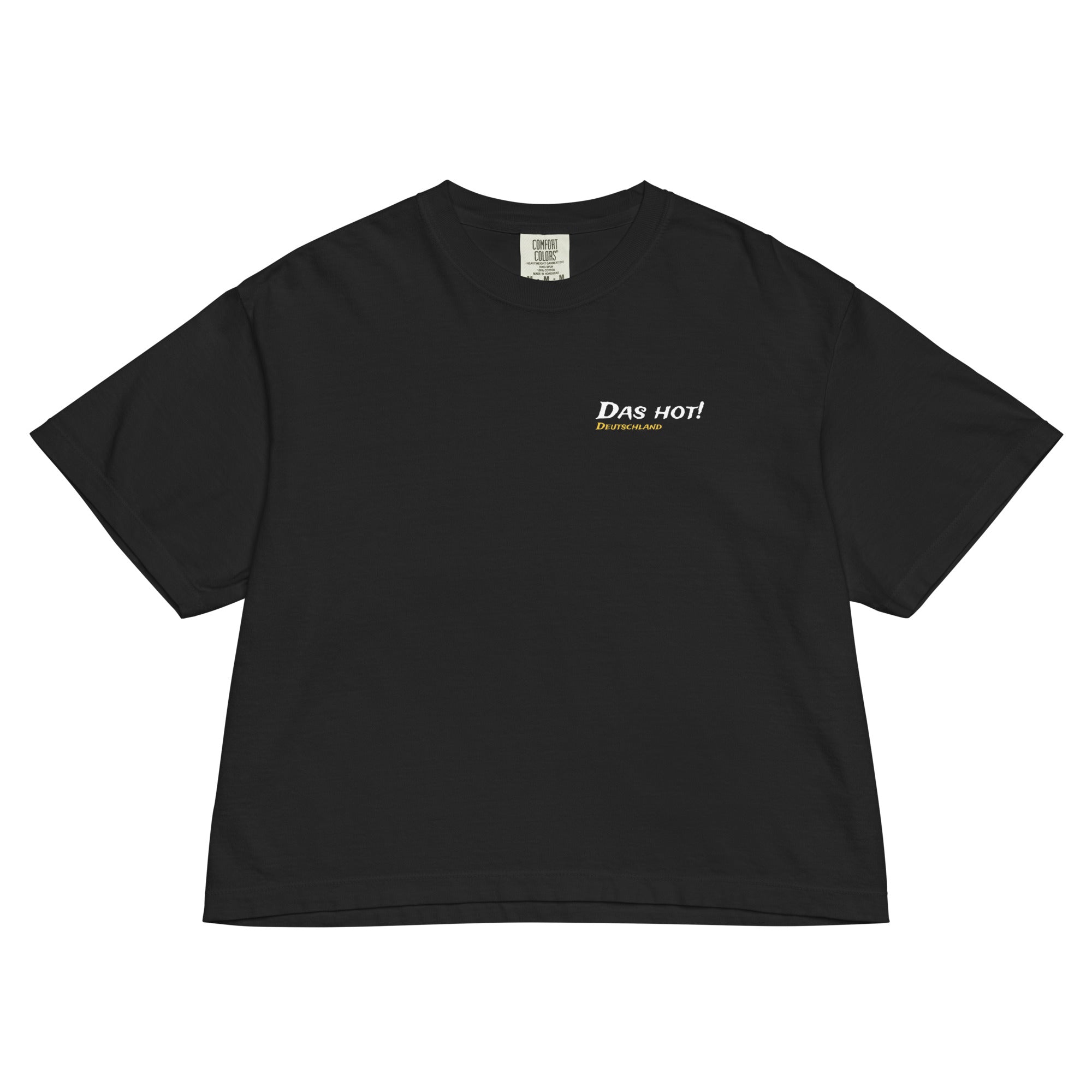 The front view of the black Das Hot! Deutschland t-shirt, showing the brand logo on the left chest.