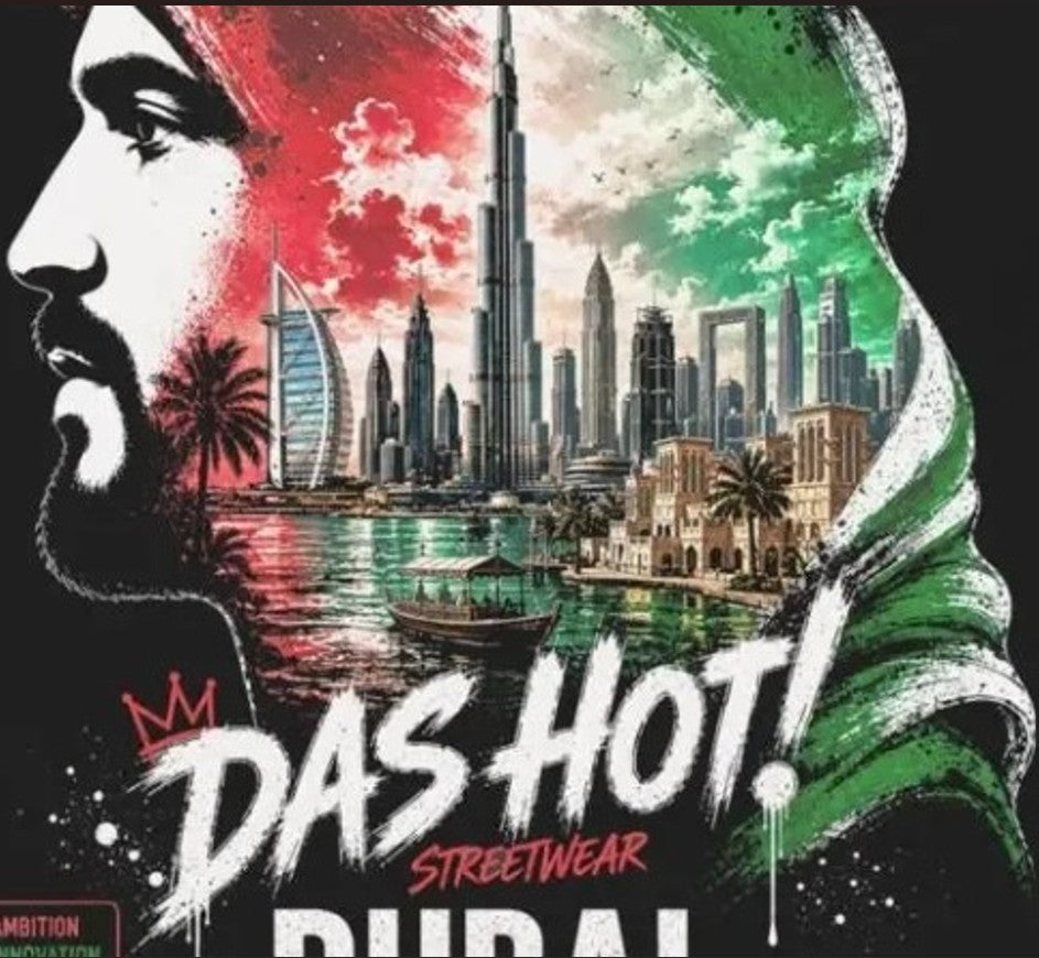 Close-up of the Das Hot! Dubai Arabian male profile artwork featuring the Burj Khalifa, Burj Al Arab, Museum of the Future, Dubai skyline, traditional abra boat, and UAE-inspired streetwear design.