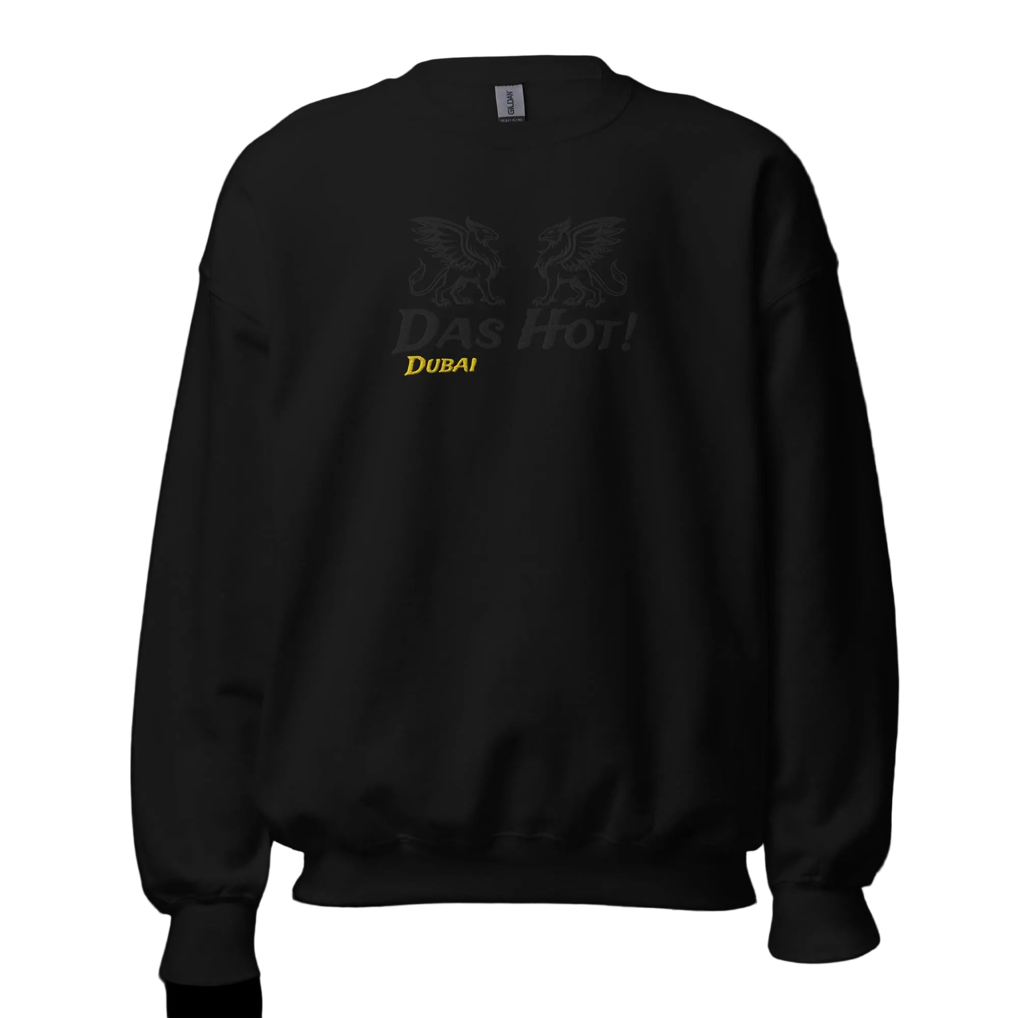 Front view of the black Das Hot! Dubai embroidered crewneck sweatshirt featuring two black embroidered griffins above the Das Hot! logo with Dubai embroidered in mustard gold.