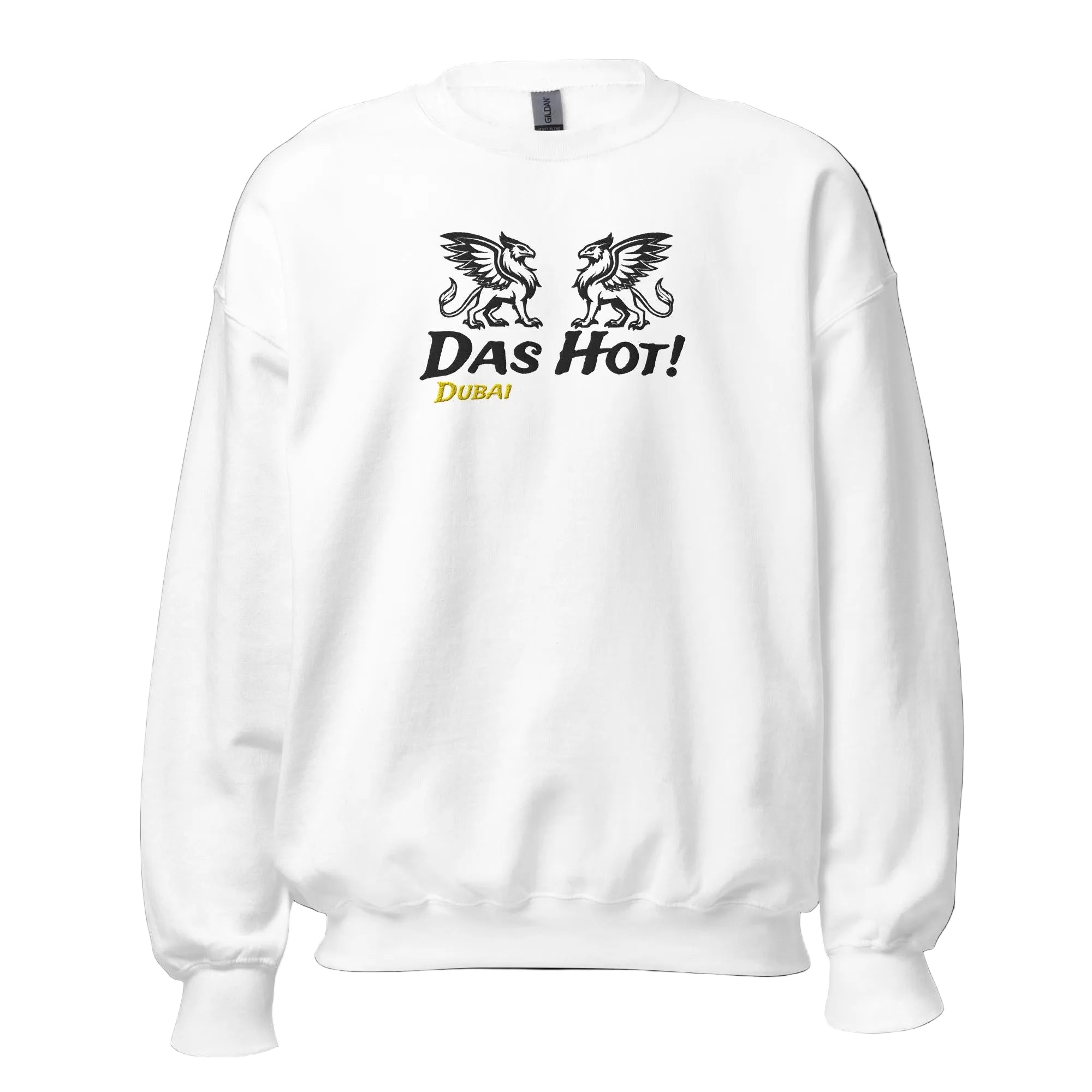Front view of the Das Hot! Dubai embroidered crewneck sweatshirt featuring two black embroidered griffins above the Das Hot! logo with Dubai embroidered in mustard gold.