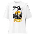 Front view of the Das Hot! Dubai Skyline oversized organic streetwear t-shirt in white featuring black graffiti typography with a mustard gold Dubai skyline graphic from the Desert Hype Collection.