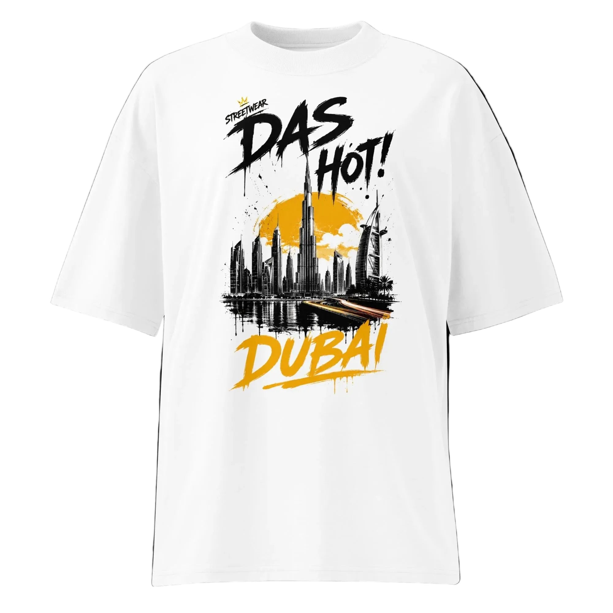 Front view of the Das Hot! Dubai Skyline oversized organic streetwear t-shirt in white featuring black graffiti typography with a mustard gold Dubai skyline graphic from the Desert Hype Collection.