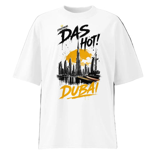 Front view of the Das Hot! Dubai Skyline oversized organic streetwear t-shirt in white featuring black graffiti typography with a mustard gold Dubai skyline graphic from the Desert Hype Collection.