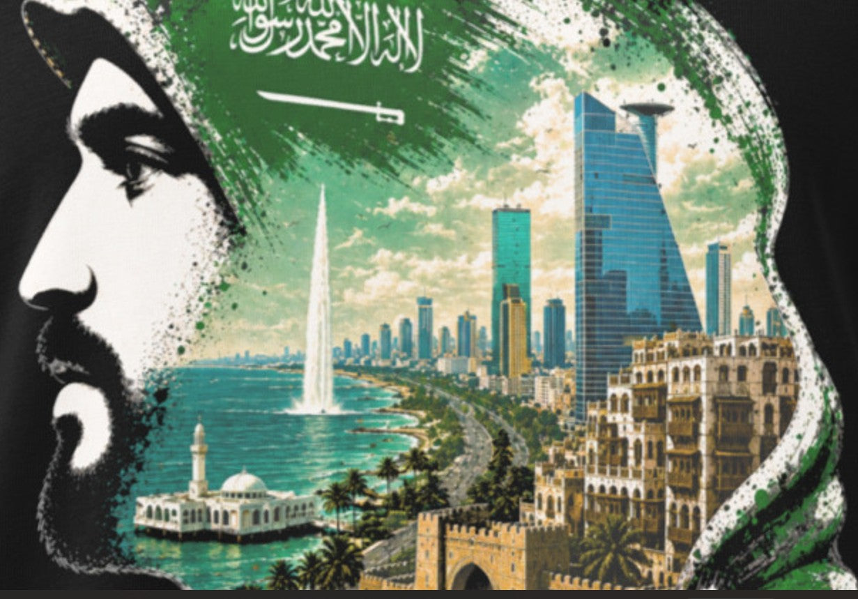 Das Hot! Jeddah Arabian male profile streetwear artwork featuring the Jeddah skyline, King Fahd Fountain, Al-Balad architecture, Al-Rahma Mosque, Jeddah Tower, and Saudi Arabian flag colors.