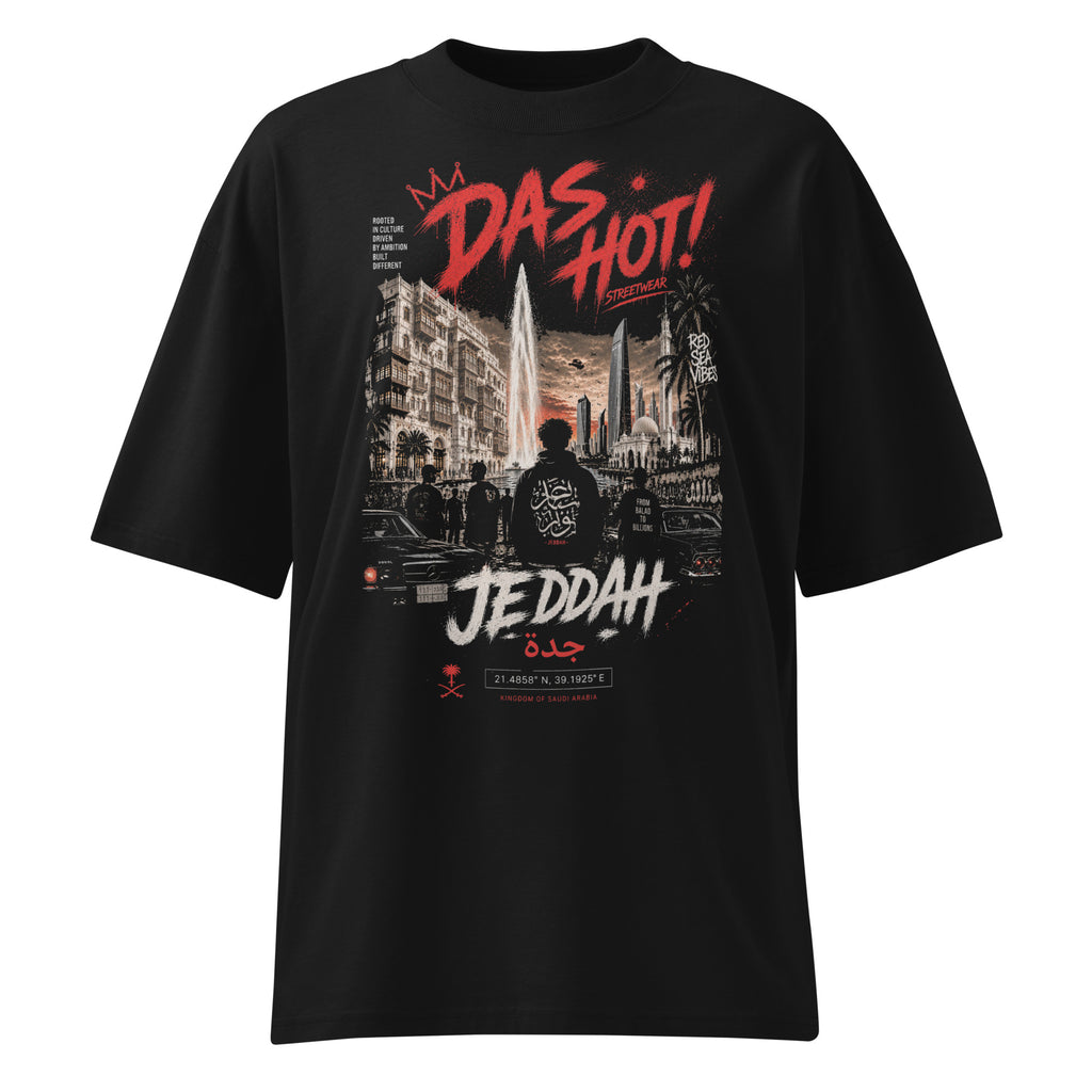 Front view of the Das Hot! Desert Hype™ Jeddah Red Sea Vibes oversized black streetwear T-shirt featuring Al-Balad architecture, King Fahd Fountain, Arabic-inspired artwork and bold red Das Hot! graphics