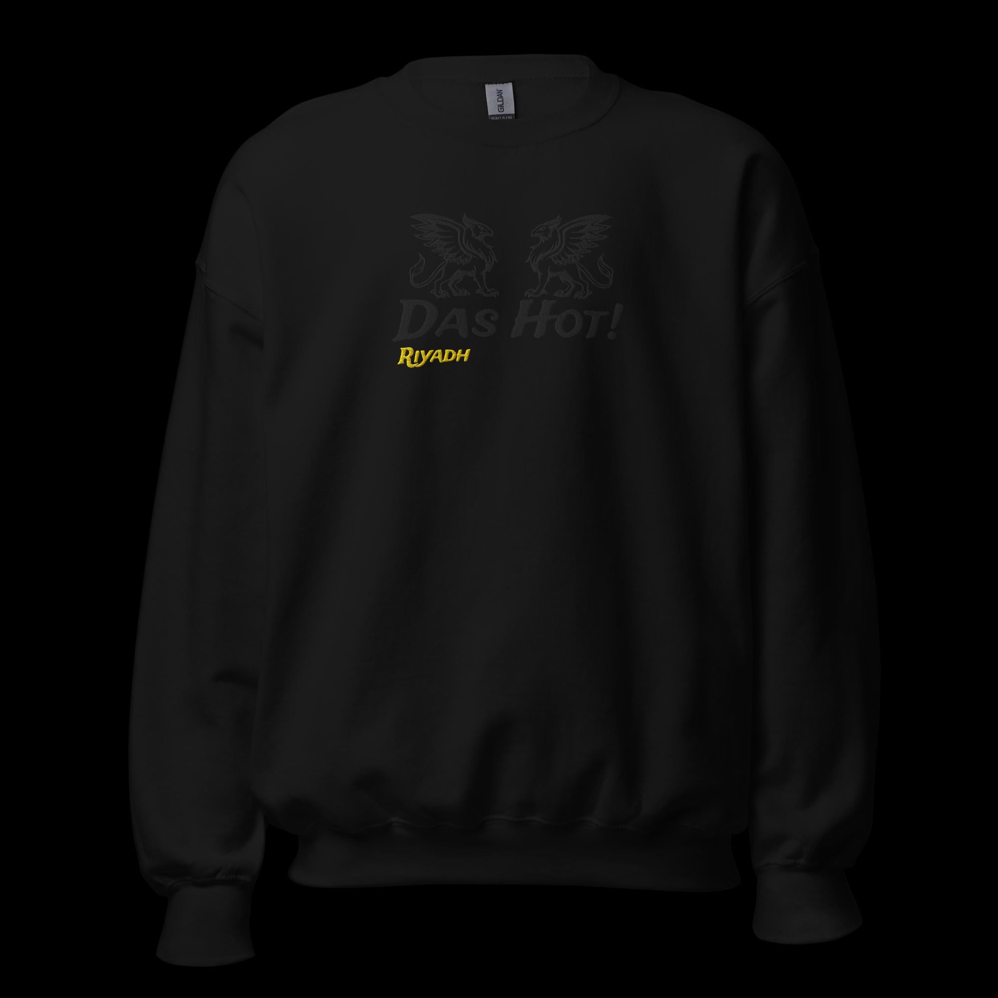 Front view of the Das Hot! Riyadh embroidered crewneck sweatshirt featuring two black embroidered griffins above the Das Hot! logo with Riyadh embroidered in mustard gold on a black crewneck sweatshirt.