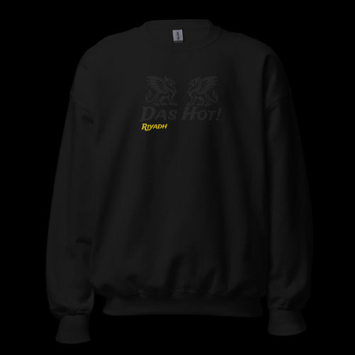 Front view of the Das Hot! Riyadh embroidered crewneck sweatshirt featuring two black embroidered griffins above the Das Hot! logo with Riyadh embroidered in mustard gold on a black crewneck sweatshirt.