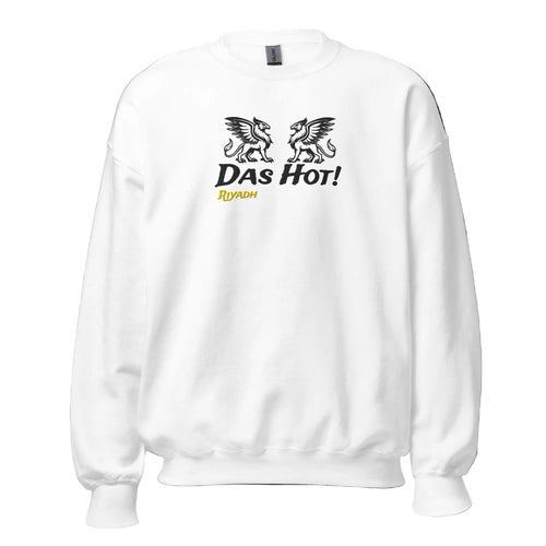 Front view of the Das Hot! Riyadh embroidered crewneck sweatshirt featuring two black embroidered griffins above the Das Hot! logo with Riyadh embroidered in mustard gold on a white crewneck sweatshirt.