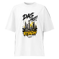 Front view of the Das Hot! Riyadh Skyline oversized organic streetwear t-shirt in white featuring black graffiti typography with a mustard gold Riyadh skyline graphic from the Desert Hype Collection.