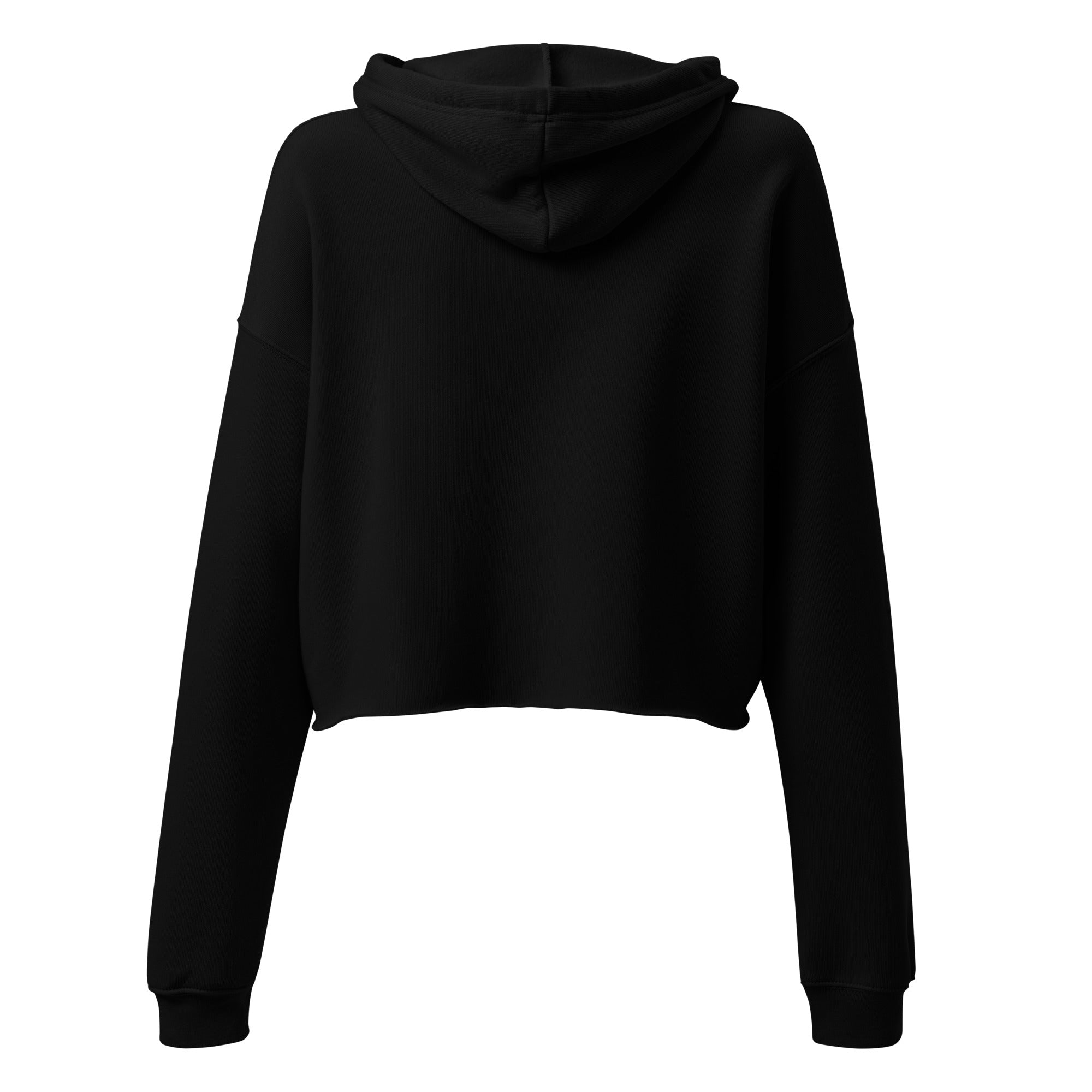 A ghost mannequin back view of the black Dashot cropped hoodie, highlighting the premium streetwear construction. The image captures the relaxed drape of the hood, clean fabric paneling across the back, dropped shoulders, and fashionably elongated sleeves that taper cleanly down past the raw-edge cropped hemline.