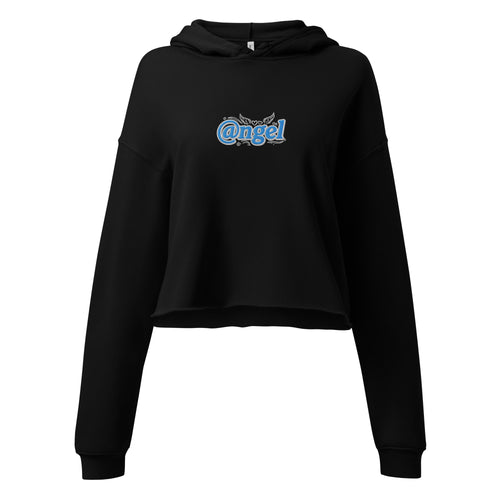 A ghost mannequin front view of the black Dashot cropped hoodie, highlighting the custom high-density "@ngel" (Angel) typography embroidery on the chest. The vibrant light blue and white stitching pops against the midnight black fleece with the intense clarity of a sweet turquoise drink. The signature "at" sign is prominently displayed, leading into the raw-edge cropped hem and relaxed, extended sleeves.