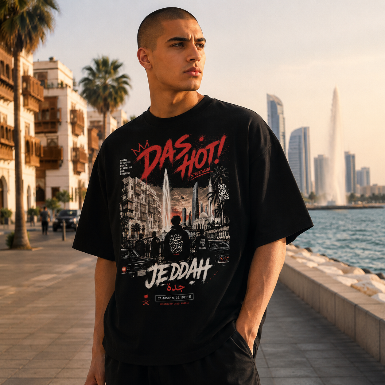 Clean-shaven 20-year-old Arab male wearing the Das Hot! Desert Hype Jeddah Red Sea Vibes oversized black streetwear T-shirt in a lifestyle fashion portrait, featuring the Jeddah city graphic on the front
