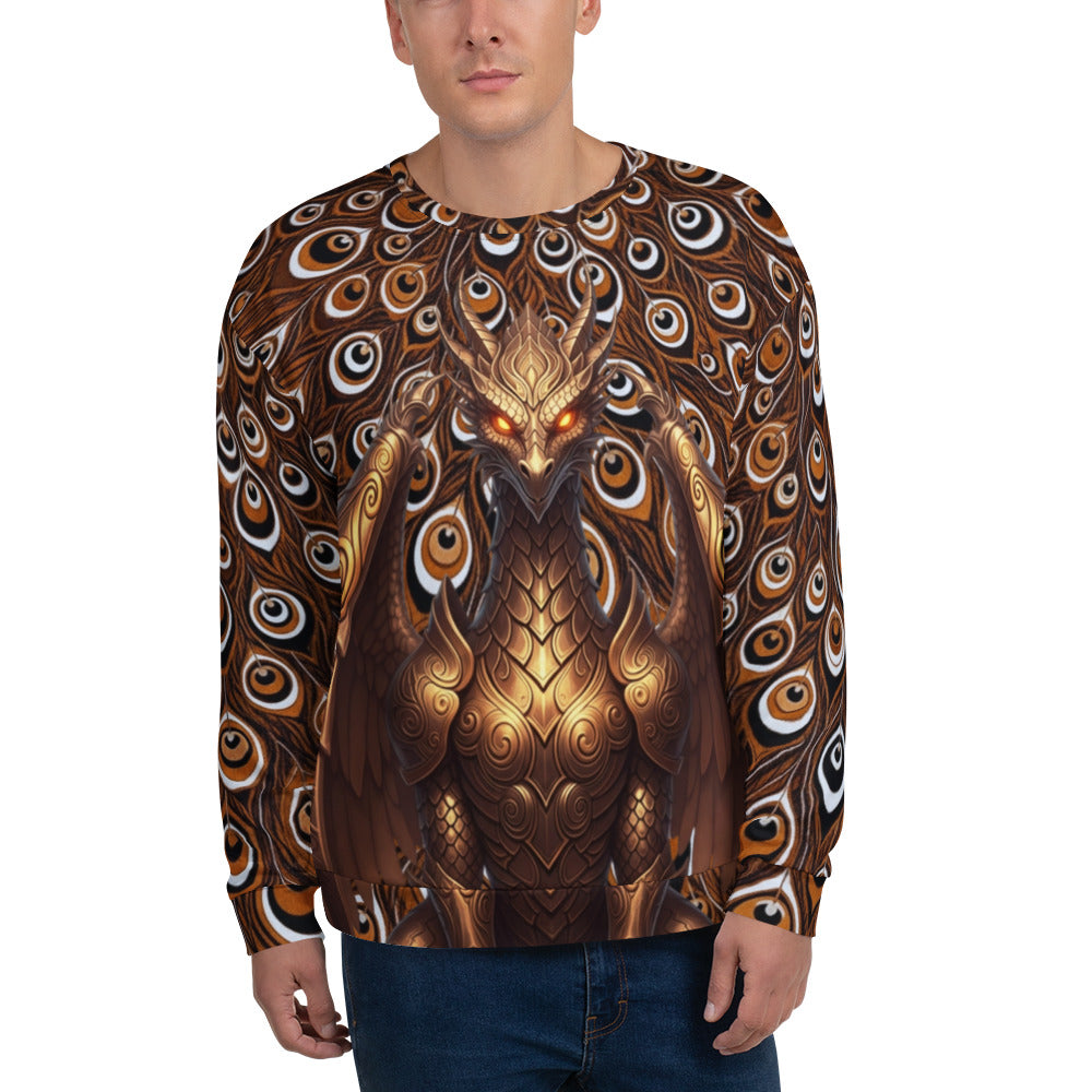 Close-up of a long-sleeve unisex crewneck sweatshirt featuring a detailed metallic gold dragon with glowing orange eyes, surrounded by an all-over hypnotic peacock feather pattern in shades of brown and black.