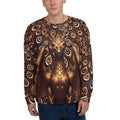 Close-up of a long-sleeve unisex crewneck sweatshirt featuring a detailed metallic gold dragon with glowing orange eyes, surrounded by an all-over hypnotic peacock feather pattern in shades of brown and black.
