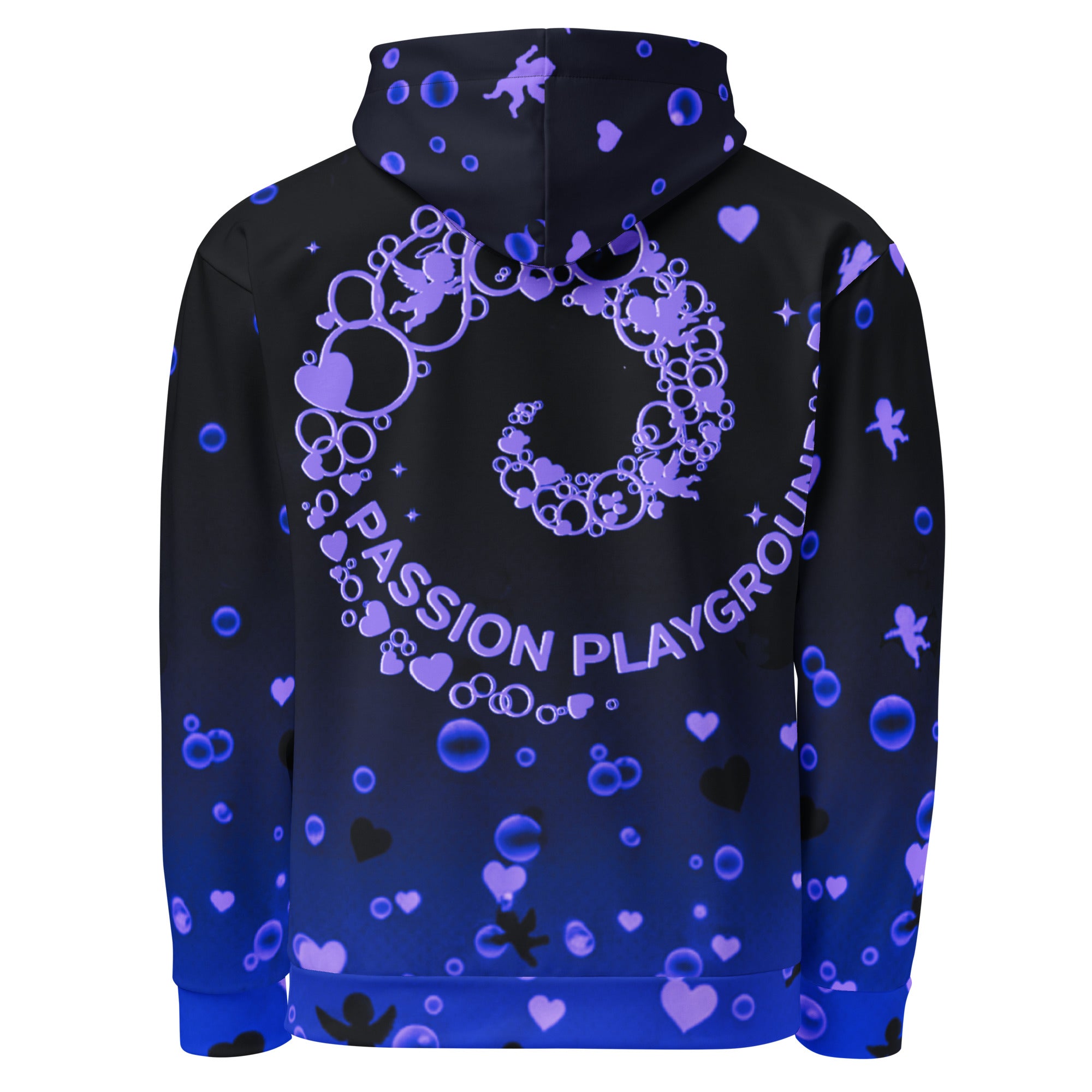 Unisex Passion Playground streetwear hoodie showing the back view, featuring a large bubble swirl graphic with hearts and cherubs on a black-and-blue gradient print.