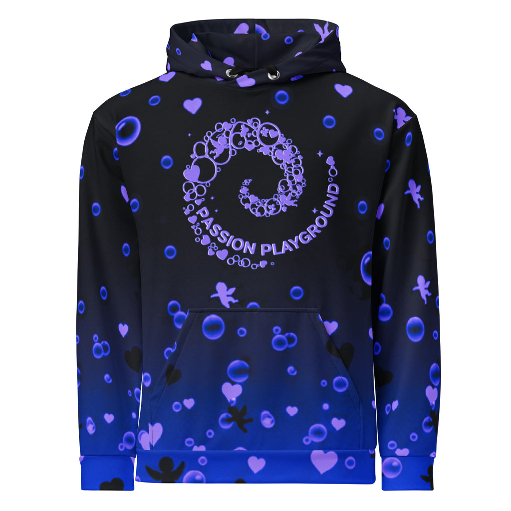 Unisex Passion Playground hoodie featuring a front graphic of a bubble swirl with hearts and cherubs on a black-to-blue gradient background.