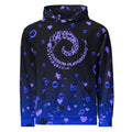 Unisex Passion Playground hoodie featuring a front graphic of a bubble swirl with hearts and cherubs on a black-to-blue gradient background.
