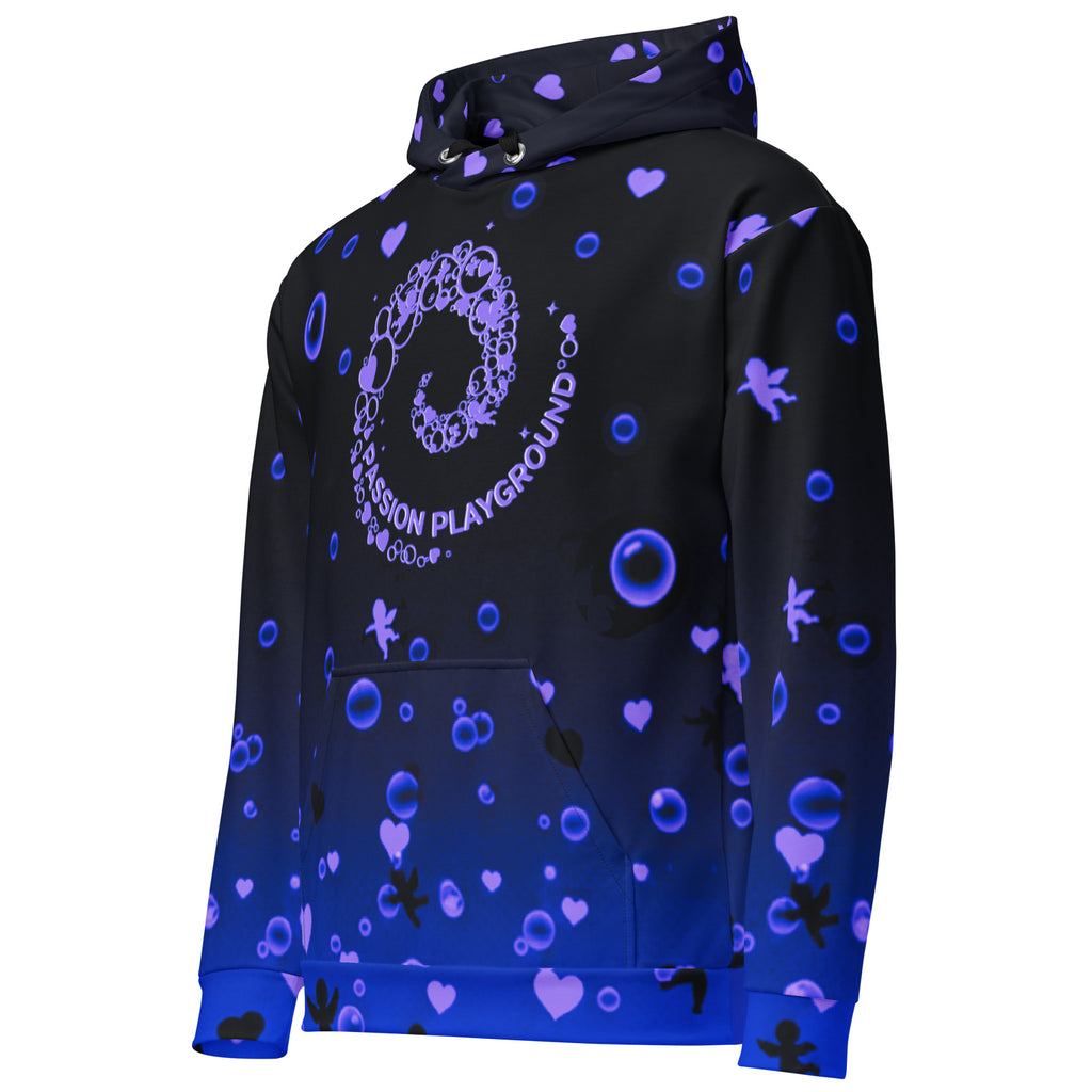 Unisex Passion Playground hoodie on a ghost mannequin in a left-angle front view, featuring a bubble swirl graphic on a black-and-blue gradient print.