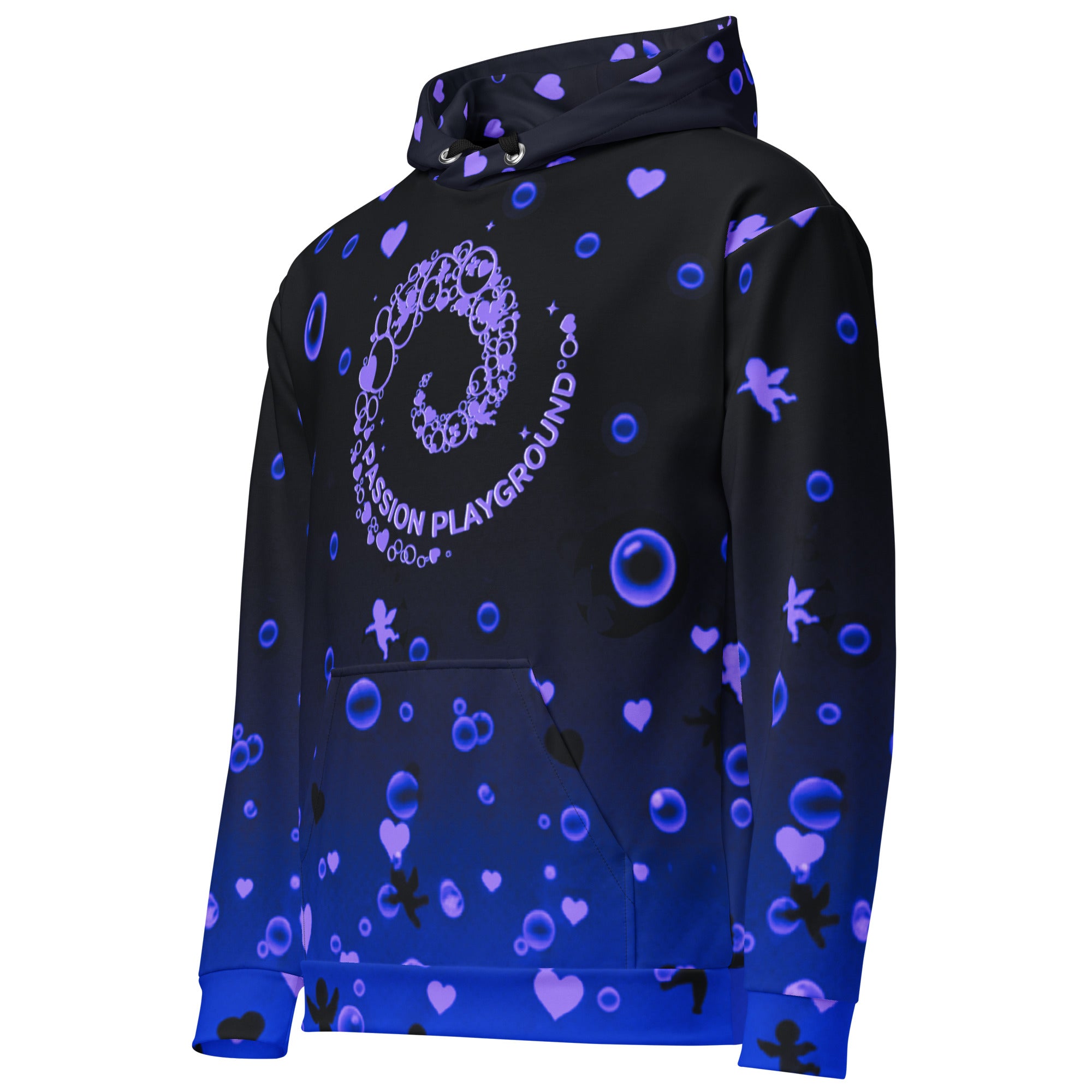 Unisex Passion Playground hoodie on a ghost mannequin in a left-angle front view, featuring a bubble swirl graphic on a black-and-blue gradient print.