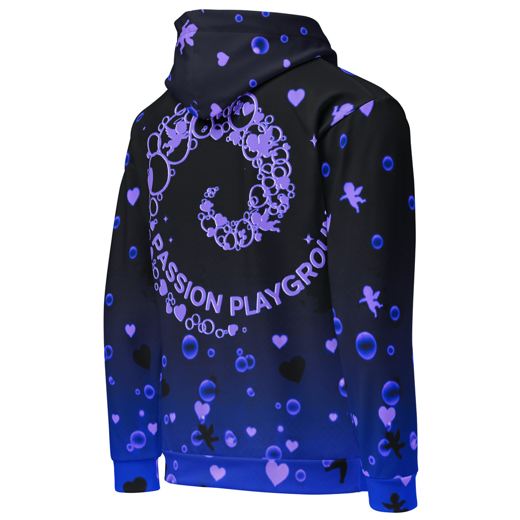 Unisex Passion Playground streetwear hoodie displayed on a ghost mannequin in a right-angle back view, showcasing a full, structured fit with a large bubble swirl graphic on a black-to-blue gradient print.