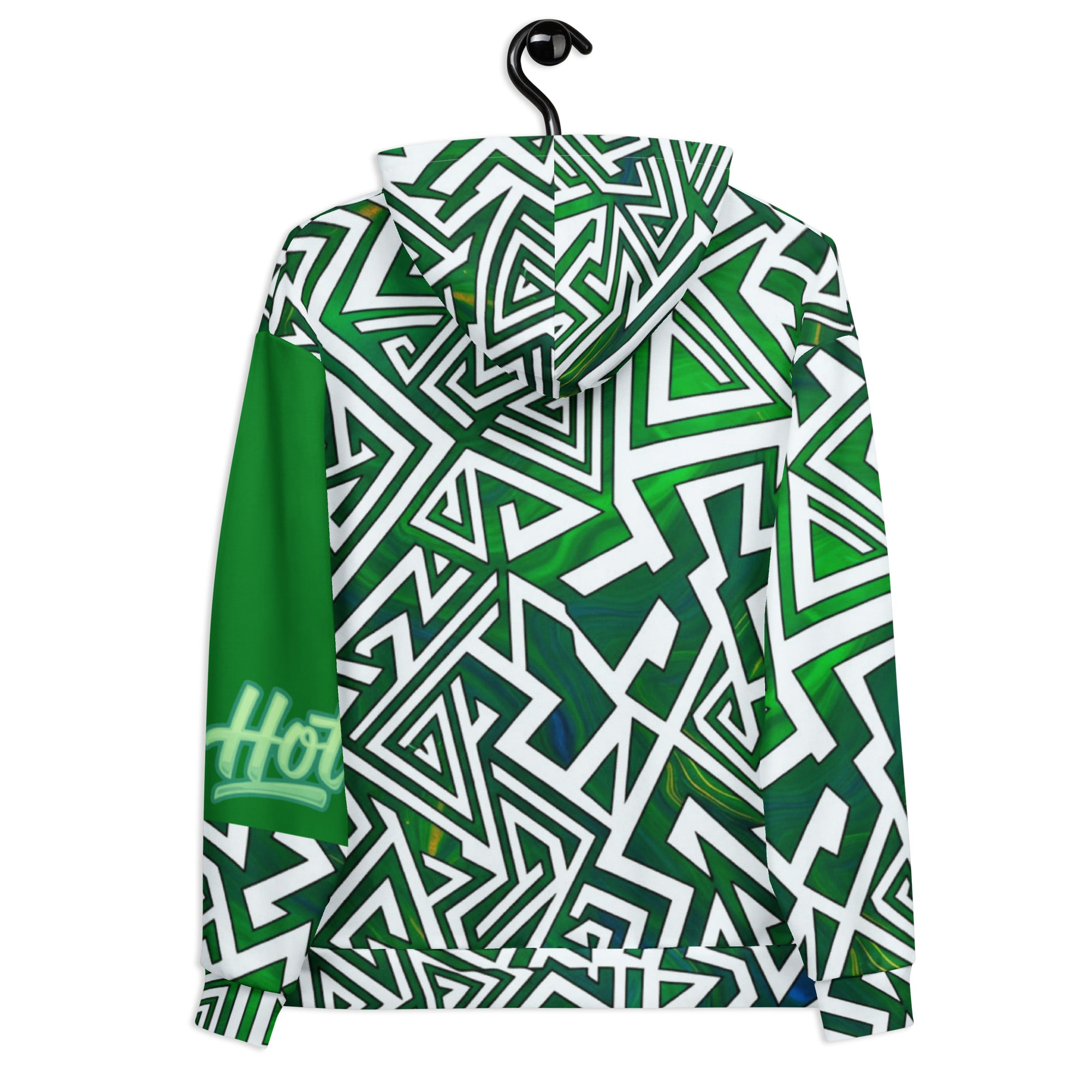 The back view of a Dashot green tribal geometric streetwear hoodie on a hanger, featuring sharp white maze paths over deep emerald, like crisp frost on ancient moss.