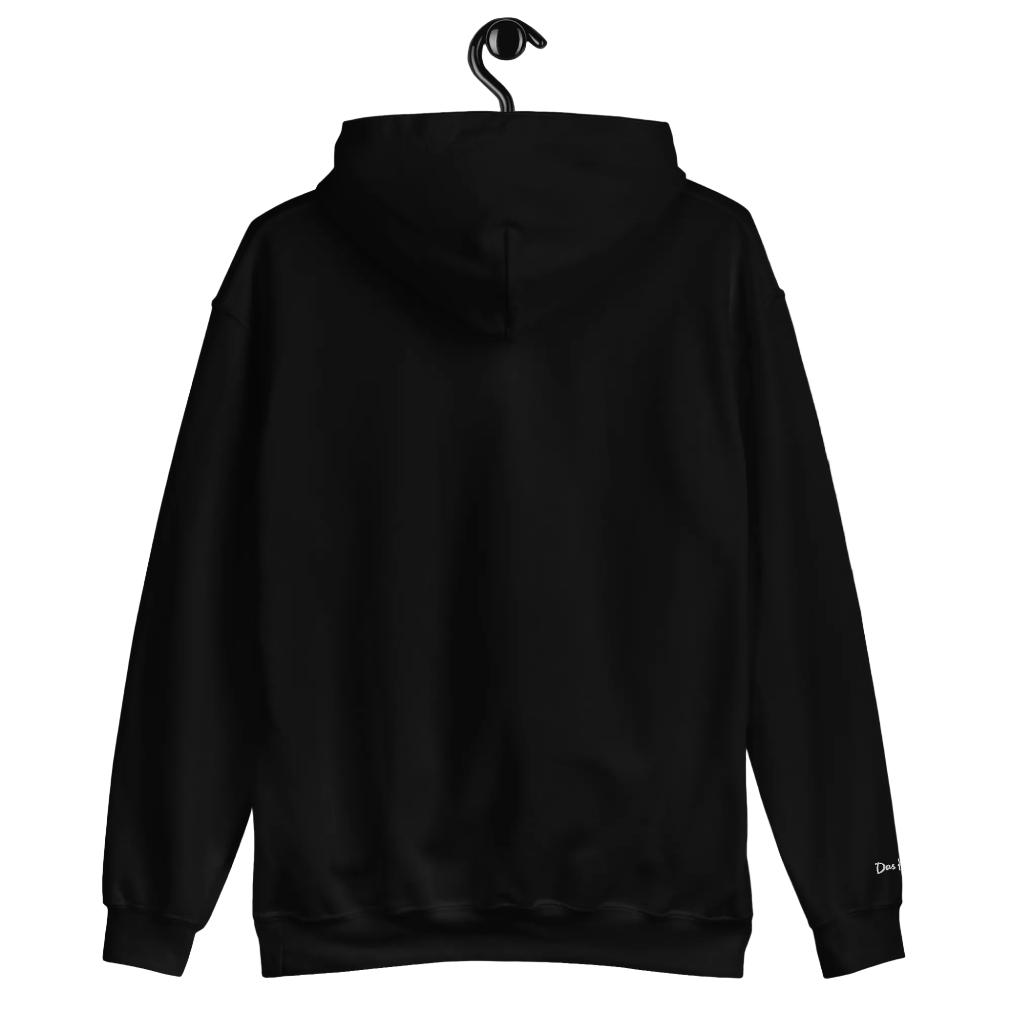 The back view of a solid black Dashot streetwear hoodie hanging up, showcasing a clean, minimalist obsidian surface that anchors the premium embroidered design featured on the front.