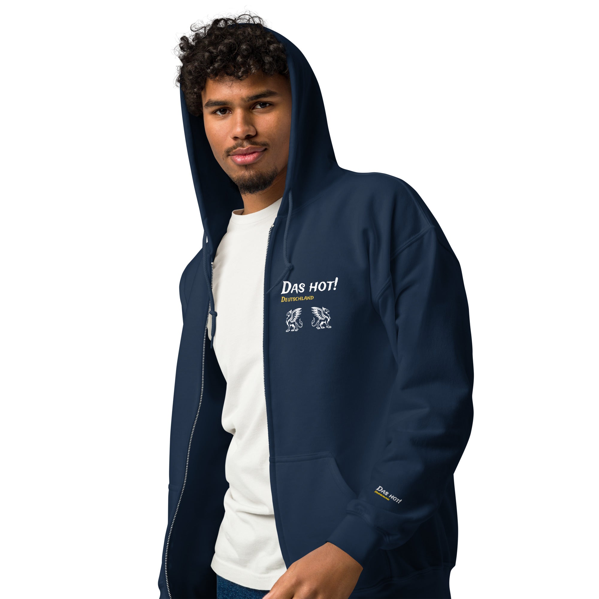 Hoodie black zip hoodie men boys Das Hot white letters Deutschland gold letters griffin design premium heavy blend front view close up