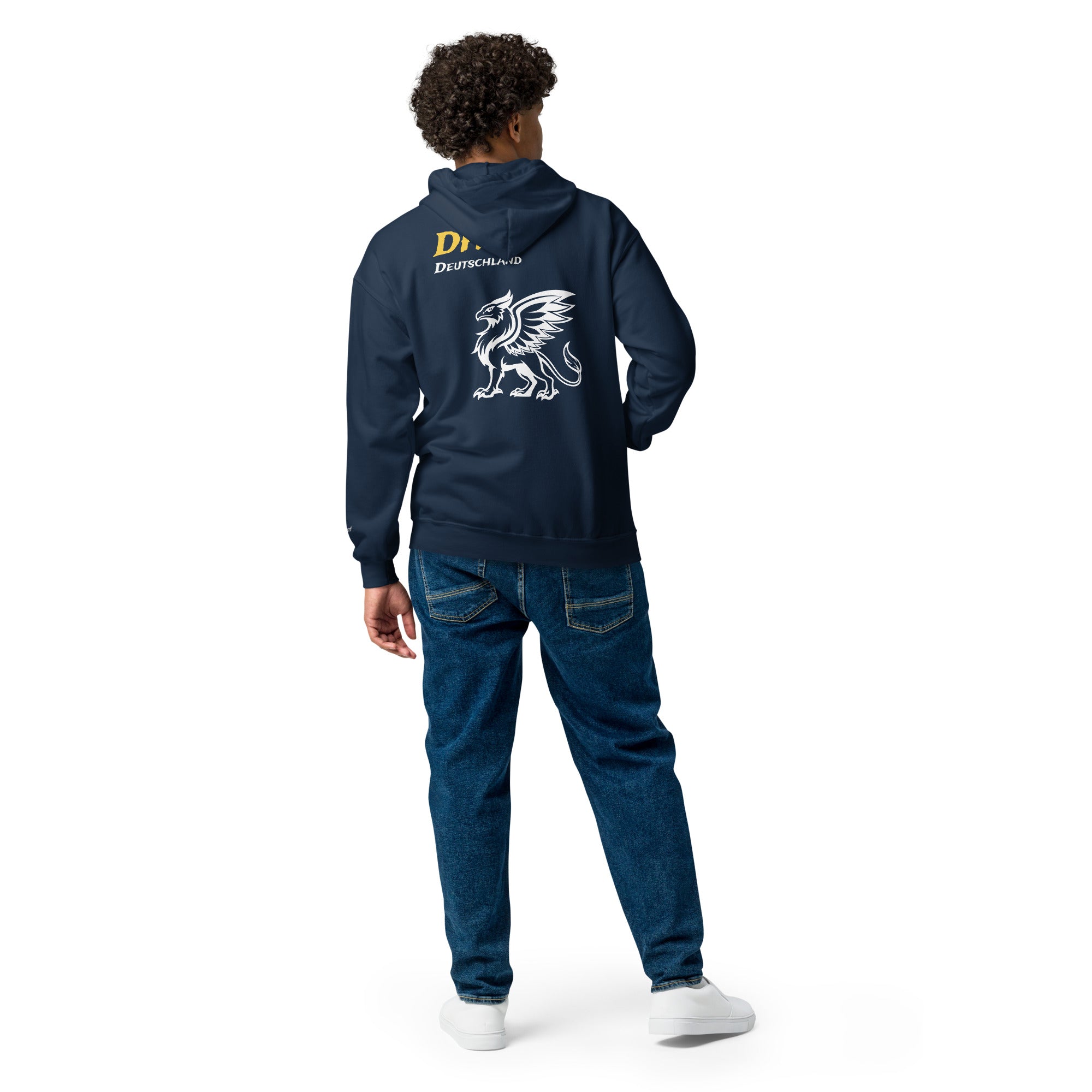 Hoodie blue zip hoodie men boys Das Hot white letters Deutschland gold letters griffin design premium heavy blend back view