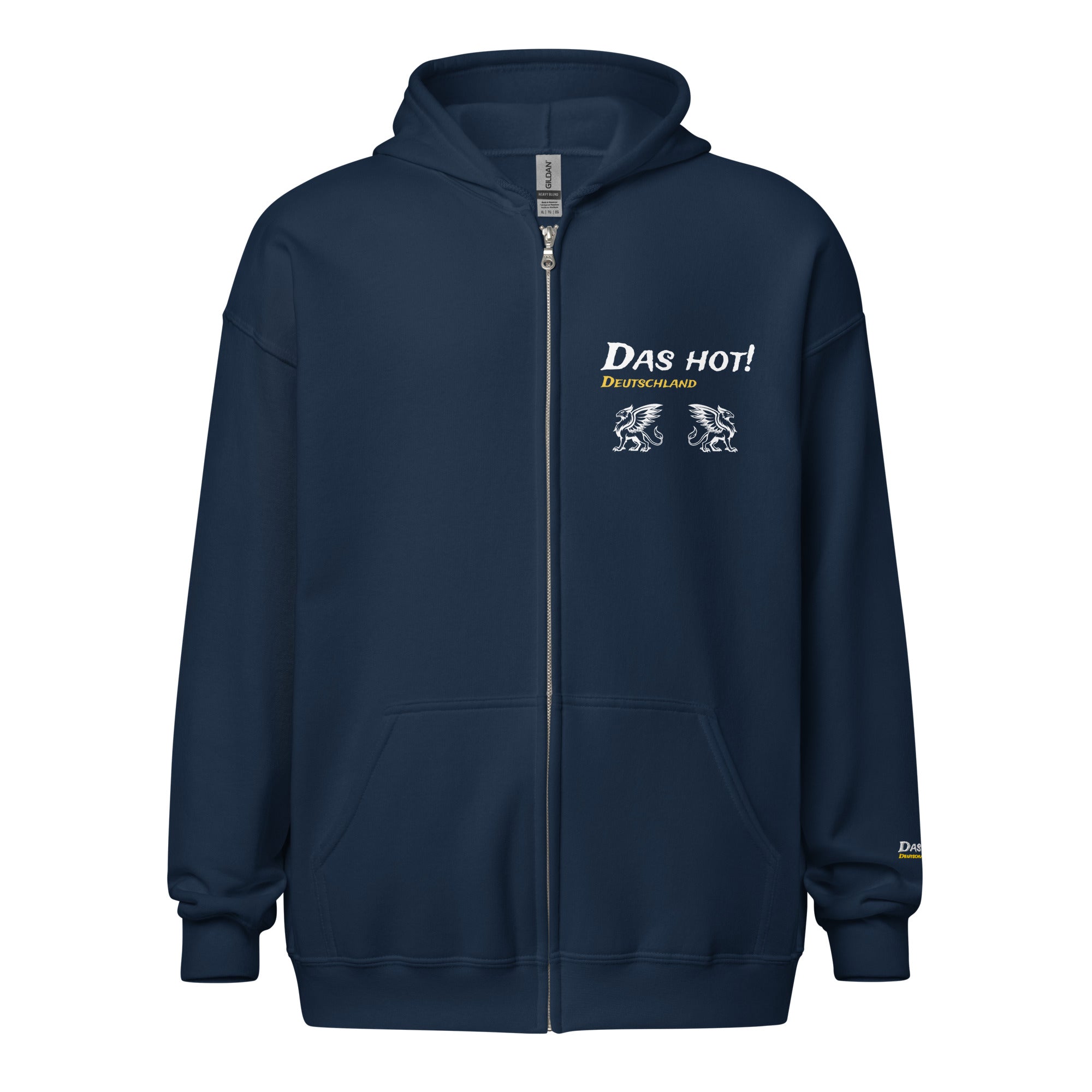 Hoodie blue zip hoodie men boys Das Hot white letters Deutschland gold letters griffin design premium heavy blend front view