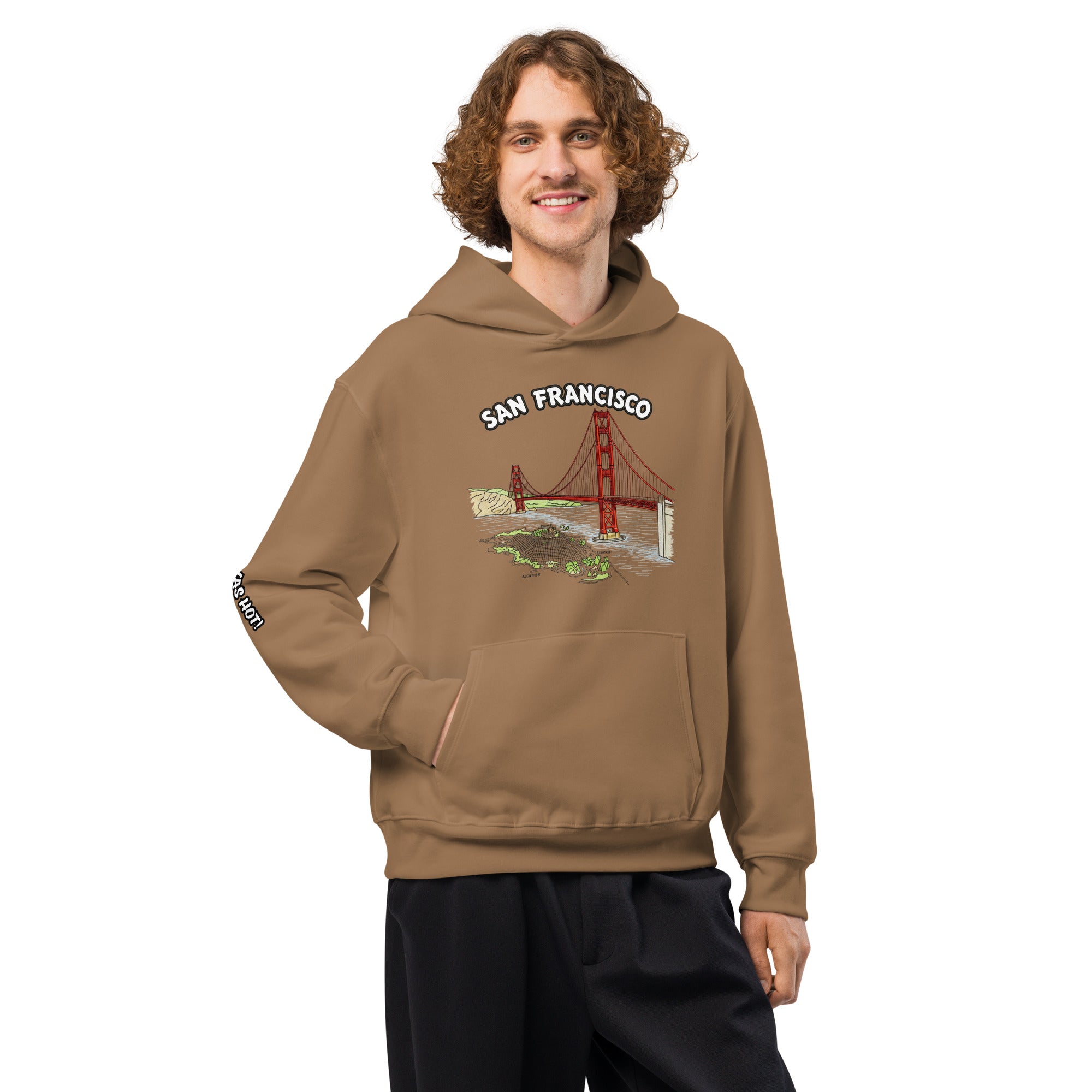 Hoodie brown oversized heavyweight San Francisco man wearing Das Hot Deutschland Golden Gate Bridge graphic