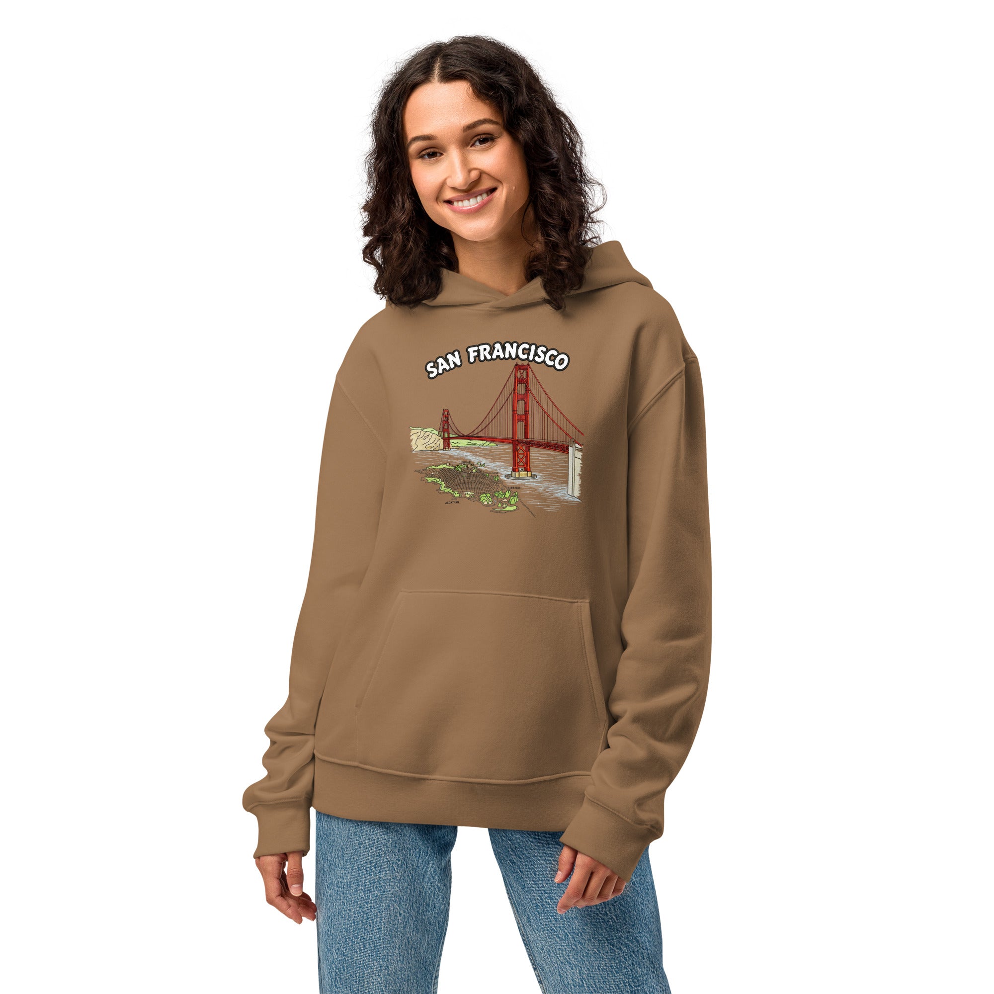 Hoodie brown oversized heavyweight San Francisco woman wearing Das Hot Deutschland Golden Gate Bridge graphic