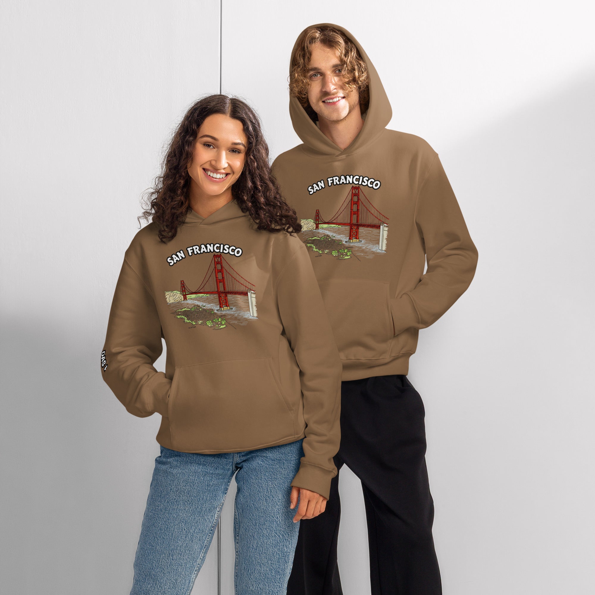  Hoodie oversized heavyweight San Francisco unisex brown man woman wearing Das Hot Deutschland Golden Gate Bridge graphic
