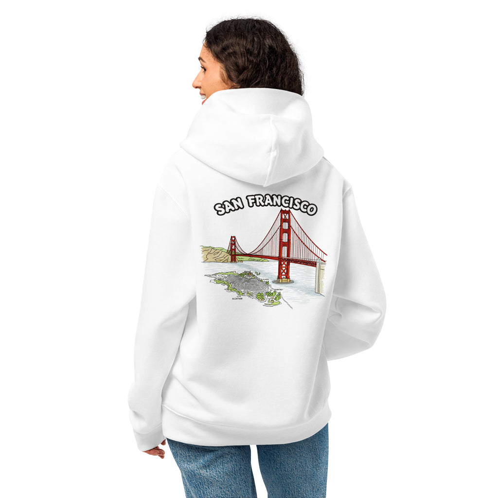  Hoodie white oversized heavyweight San Francisco back view woman wearing Das Hot Deutschland Golden Gate Bridge graphic larger