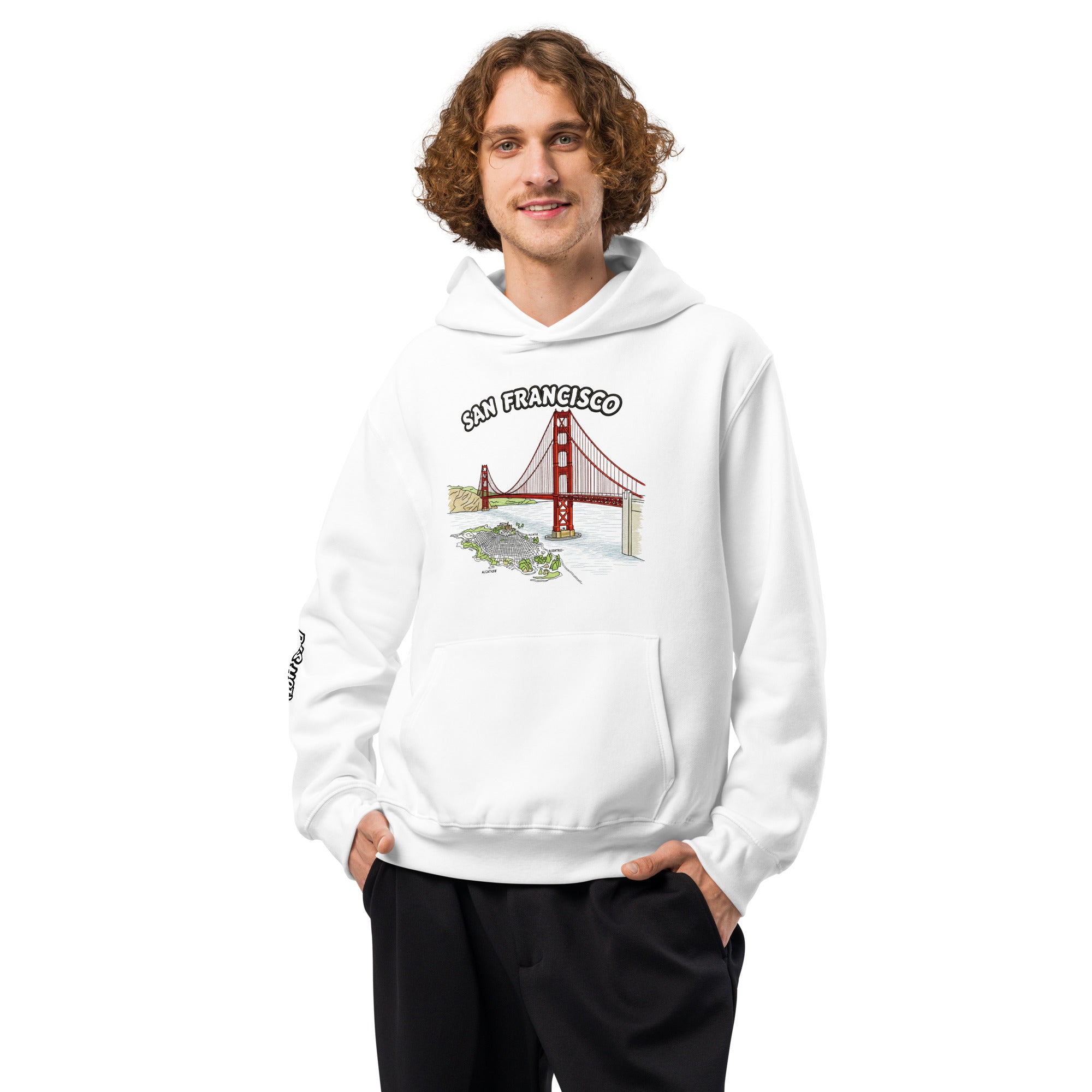 Hoodie white oversized heavyweight San Francisco front view man wearing Das Hot Deutschland Golden Gate Bridge graphic