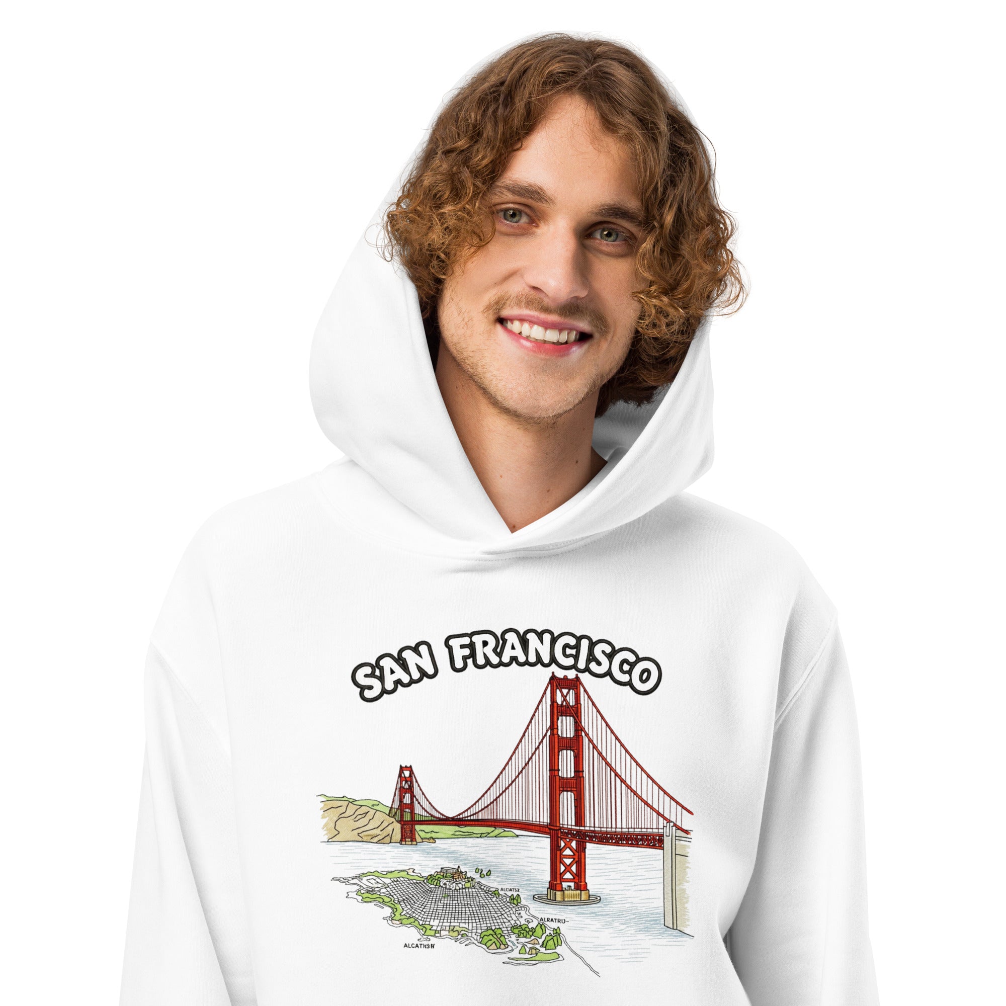  Hoodie white oversized heavyweight San Francisco man wearing Das Hot Deutschland Golden Gate Bridge graphic close up