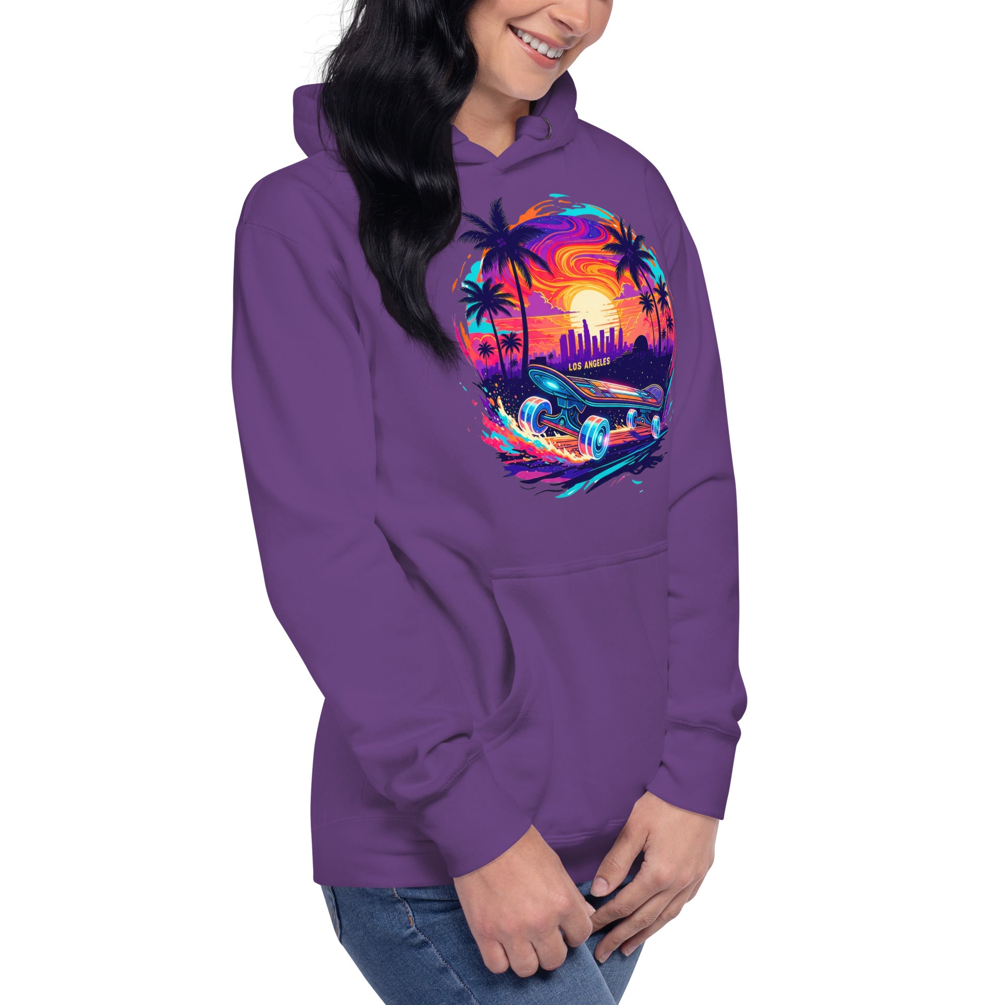 Woman wearing purple LA skateboard hoodie with colorful skateboard design - front left view 
