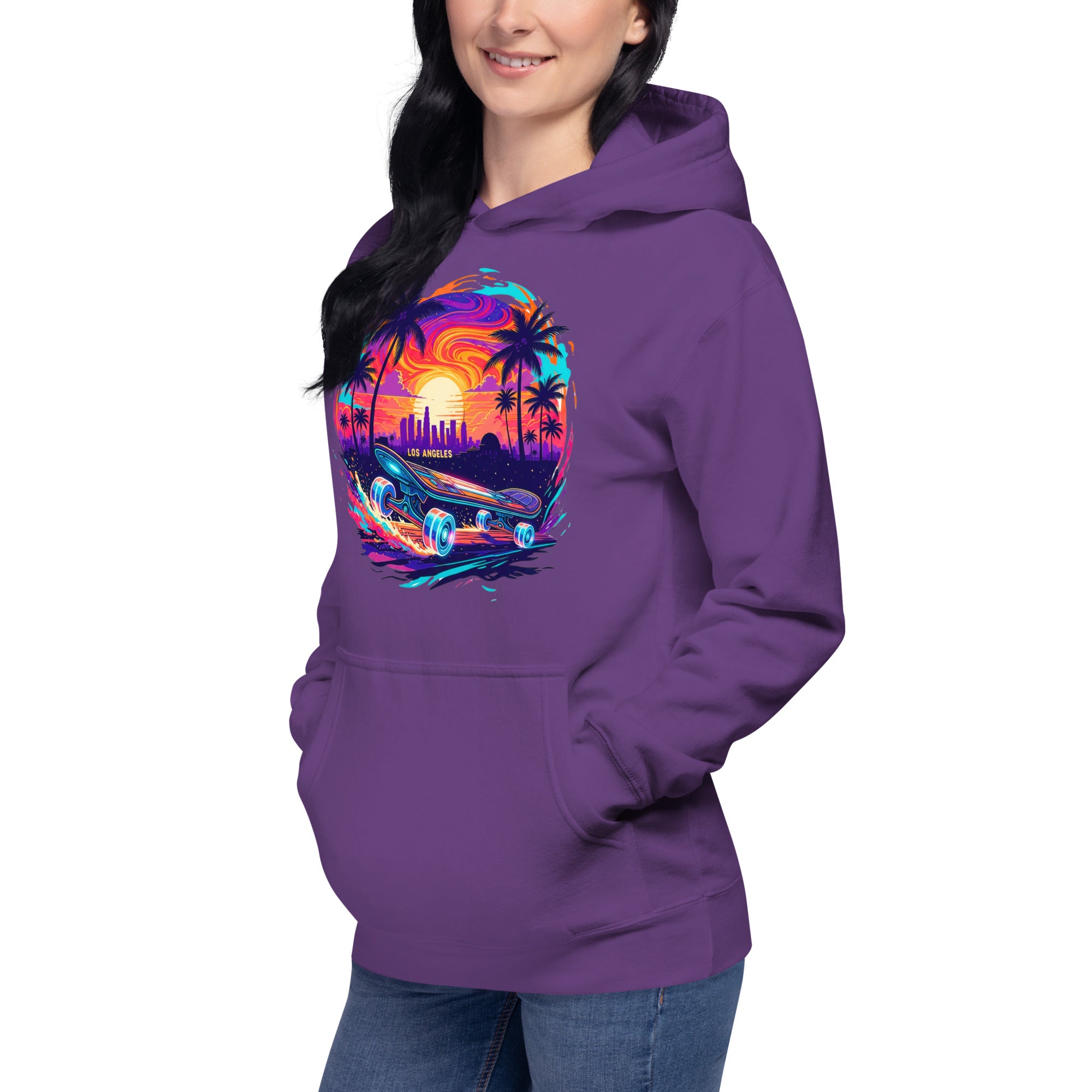 Woman wearing purple LA skateboard hoodie with colorful skateboard design - front right view 
