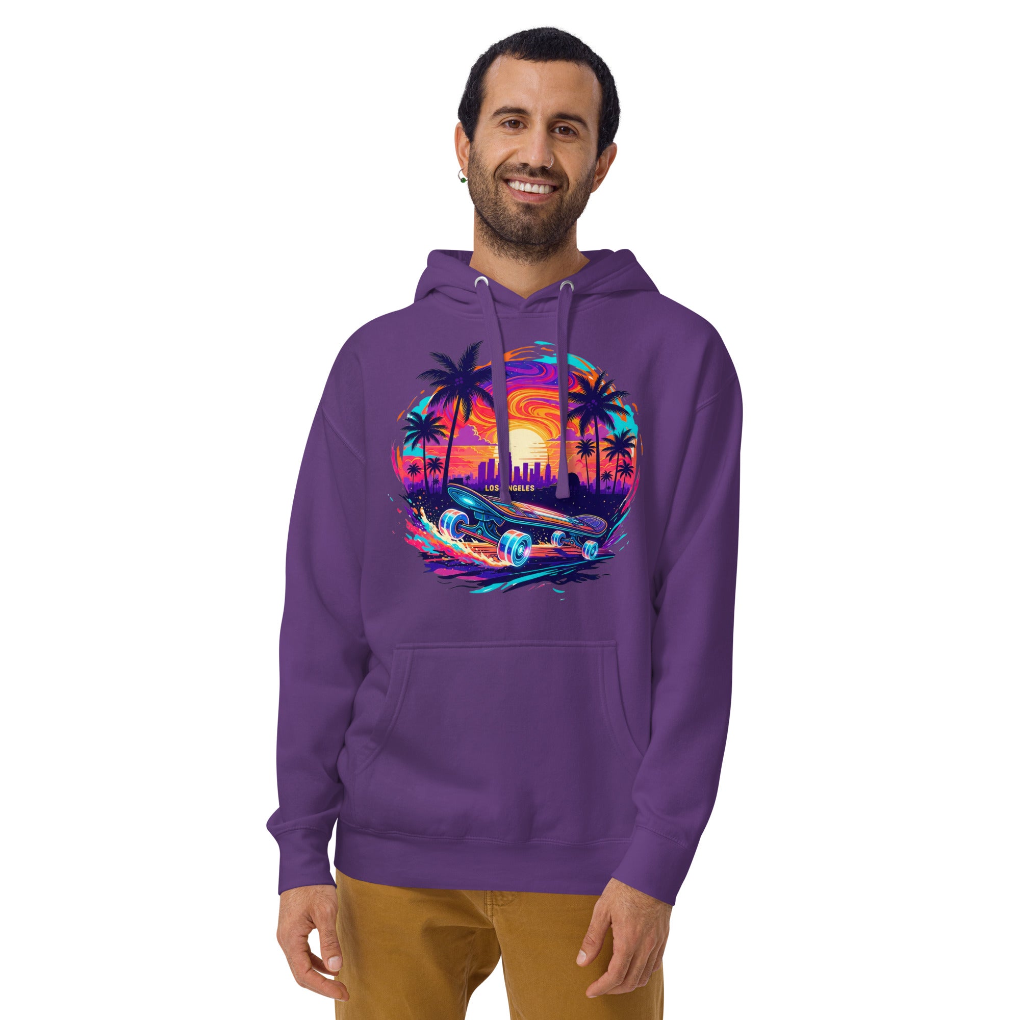  Man wearing purple LA skateboard hoodie with colorful skateboard design - front view 