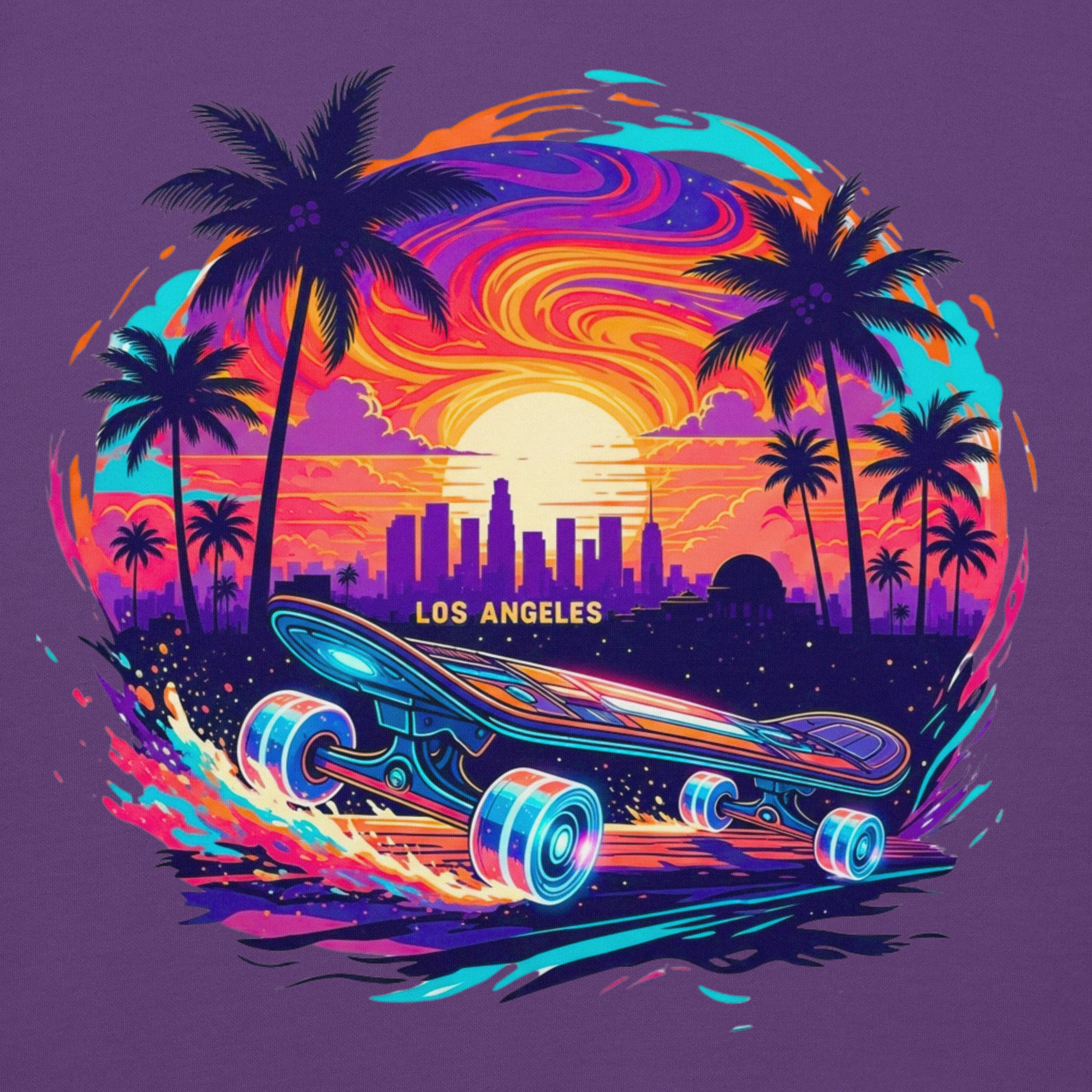 Close-up of colorful skateboard graphic design on purple LA hoodie background