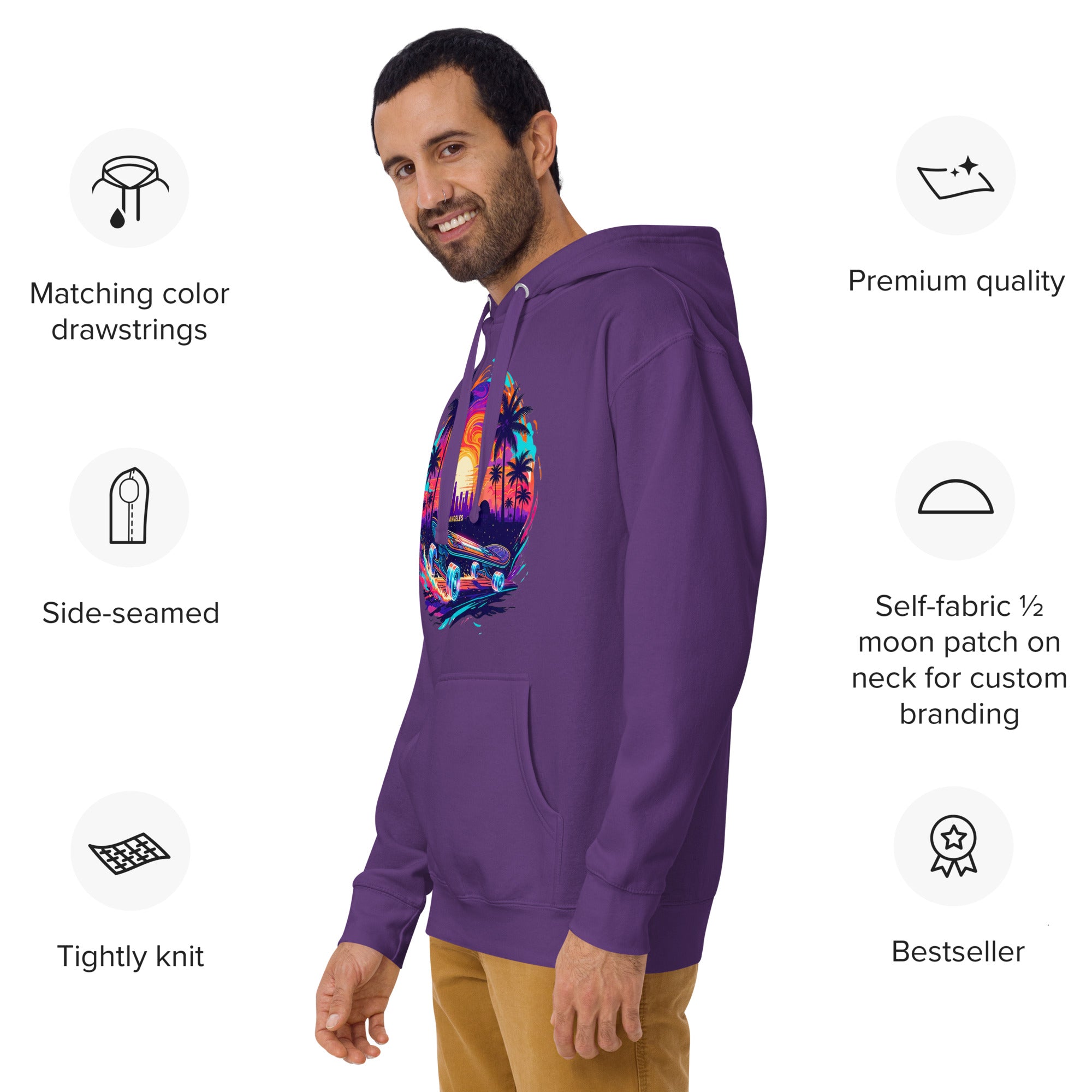 Man wearing purple LA skateboard hoodie showing side view with product details and features 
