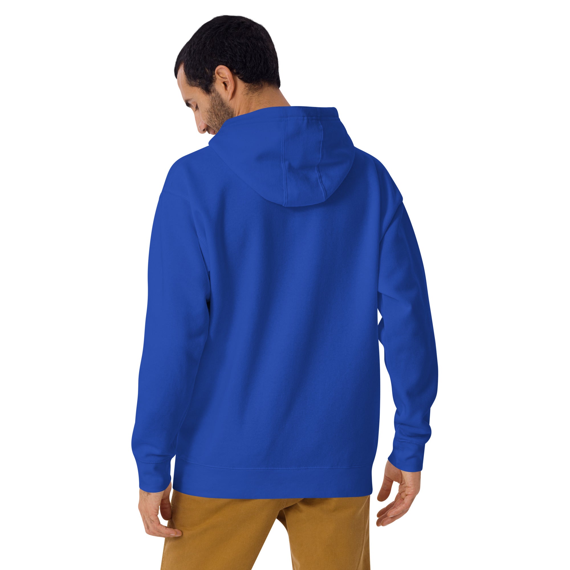 Man wearing royal blue LA skateboard hoodie showing back view without graphic design 