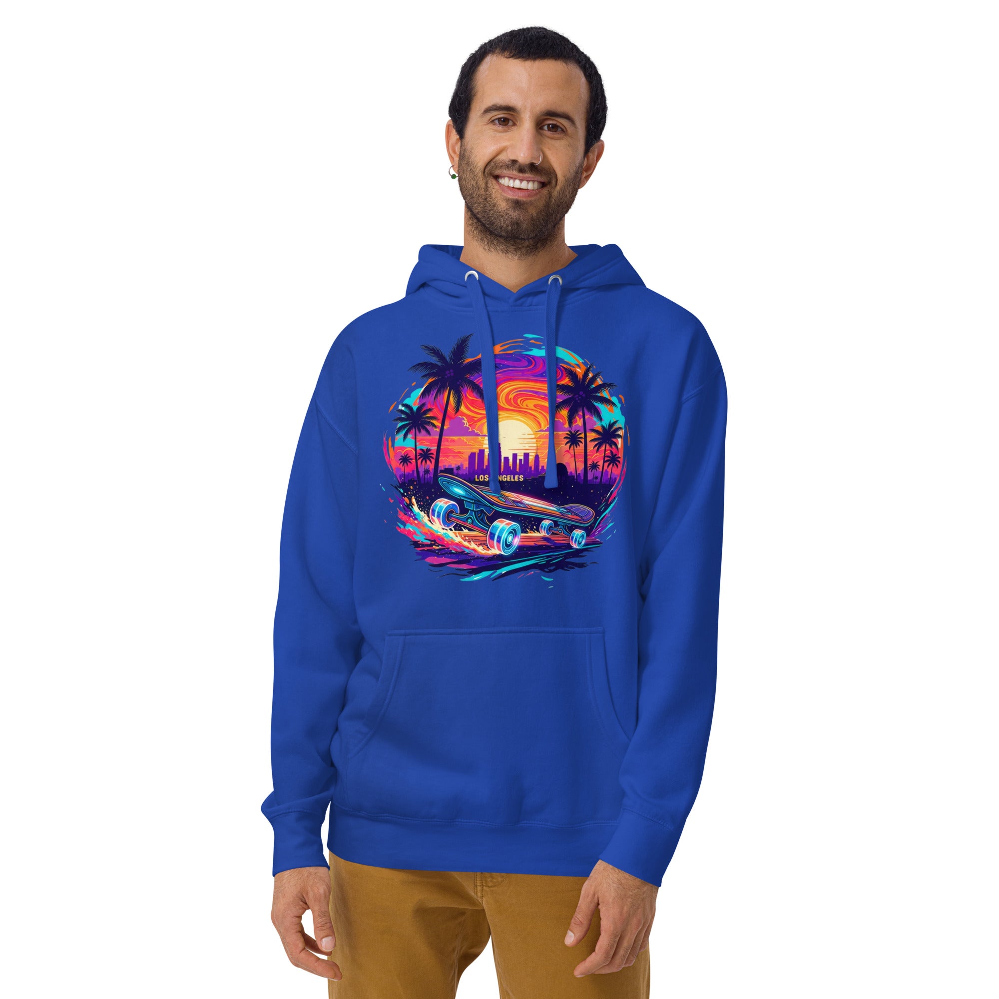 Man wearing royal blue Los Angeles skateboard hoodie with colorful skateboard design - front view
