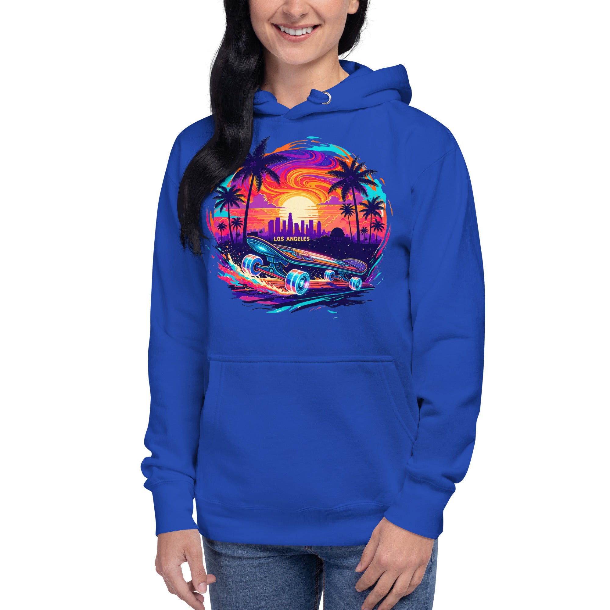 Woman wearing royal blue LA skateboard hoodie with colorful skateboard design - front view 



