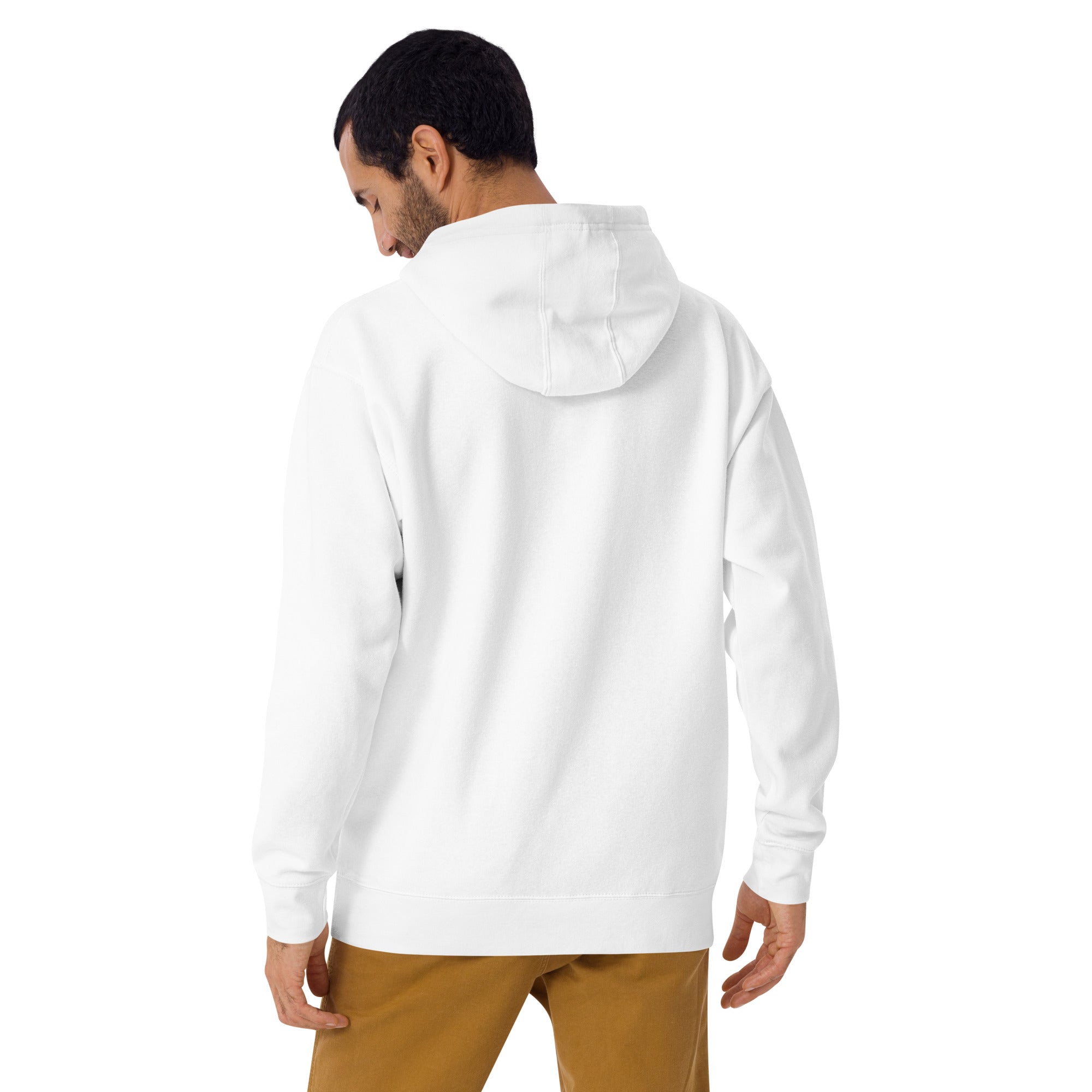 Man wearing white LA skateboard hoodie showing back view 




