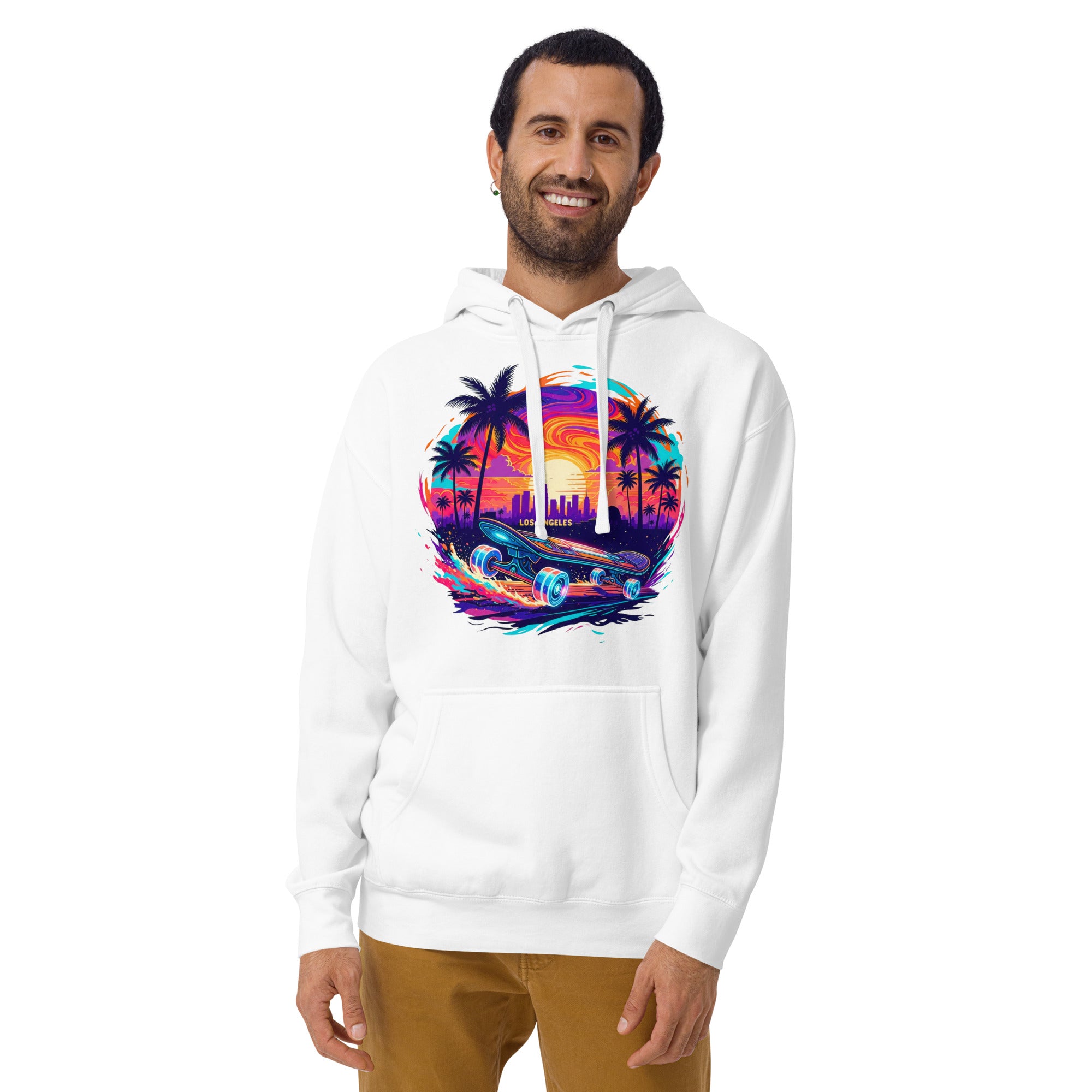  Man wearing white LA skateboard hoodie with colorful skateboard design - front view 